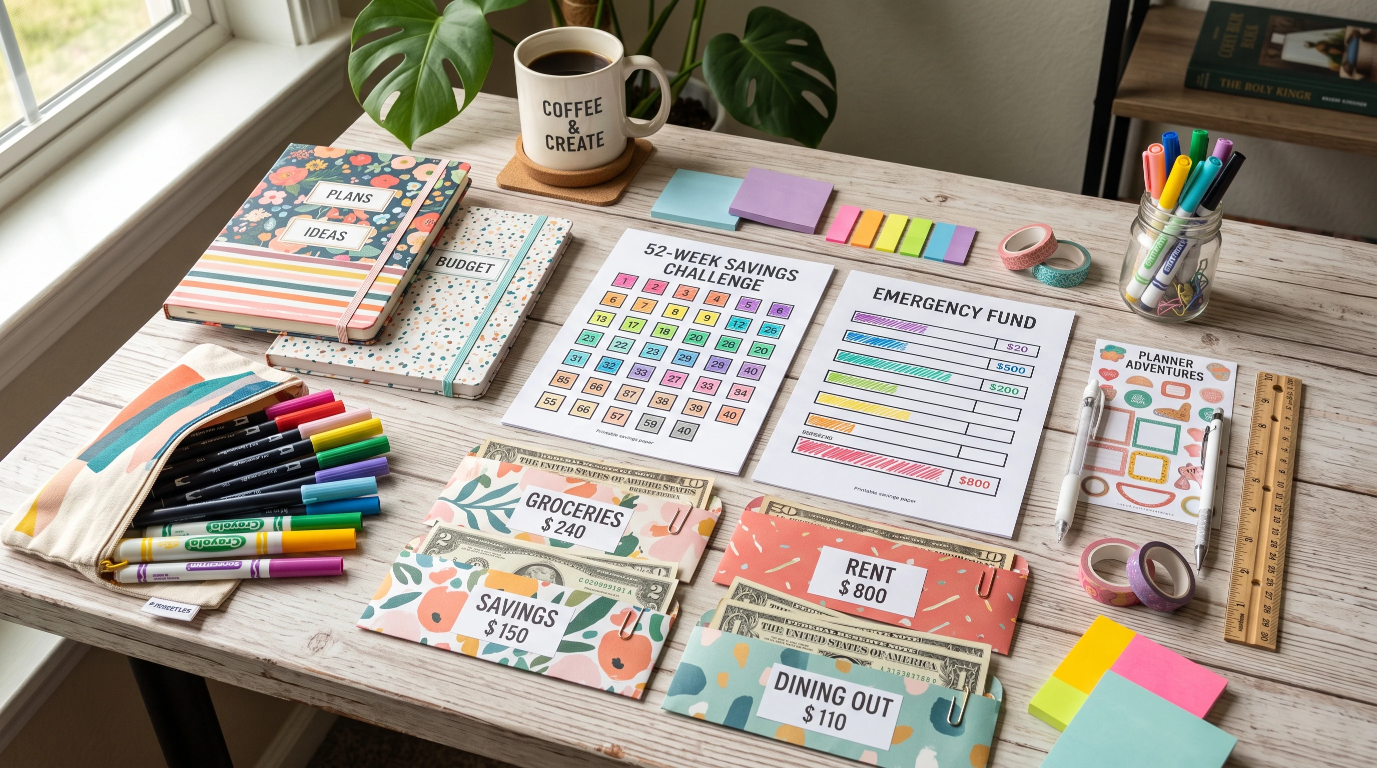Colorful stationery scattered around cash envelopes and savings trackers