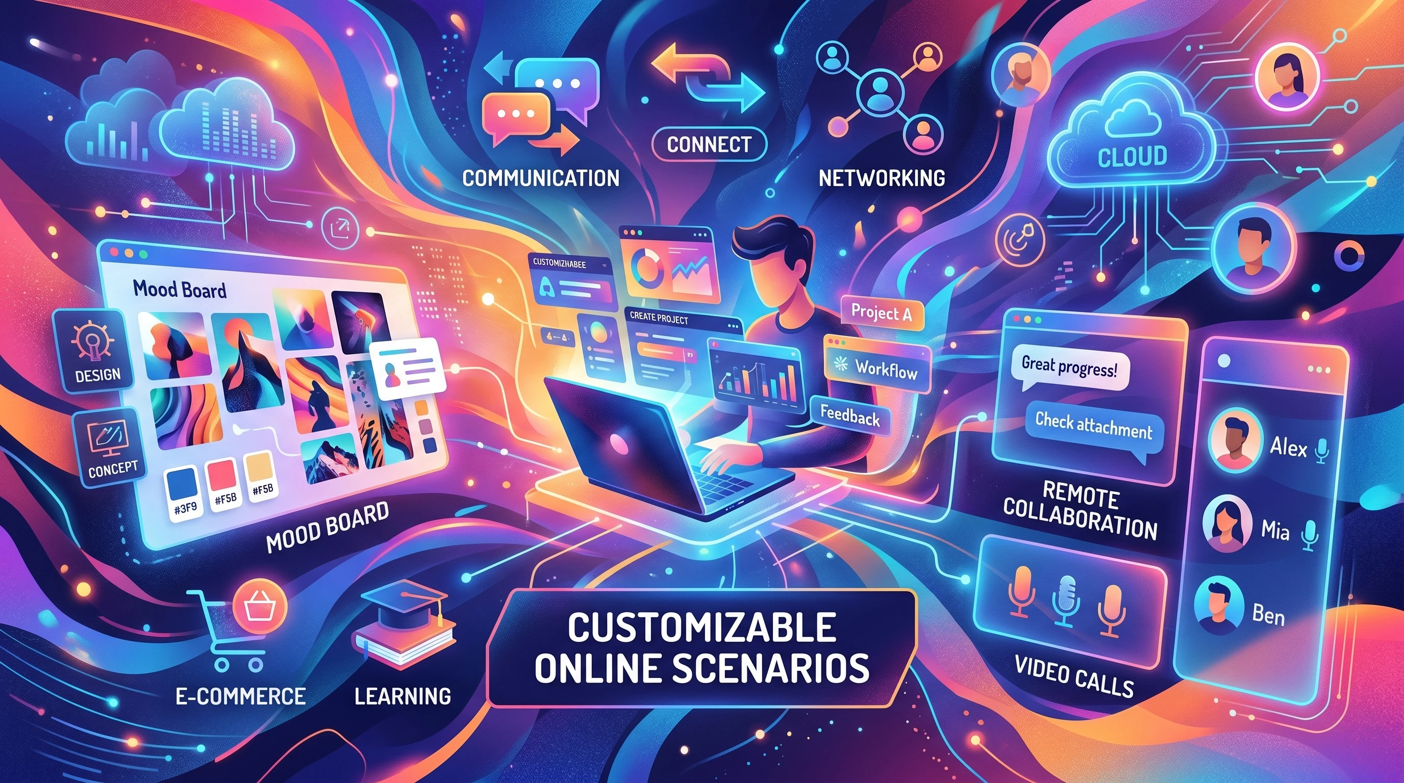 An abstract illustration of digital communication tools and mood boards, representing customization and creativity.