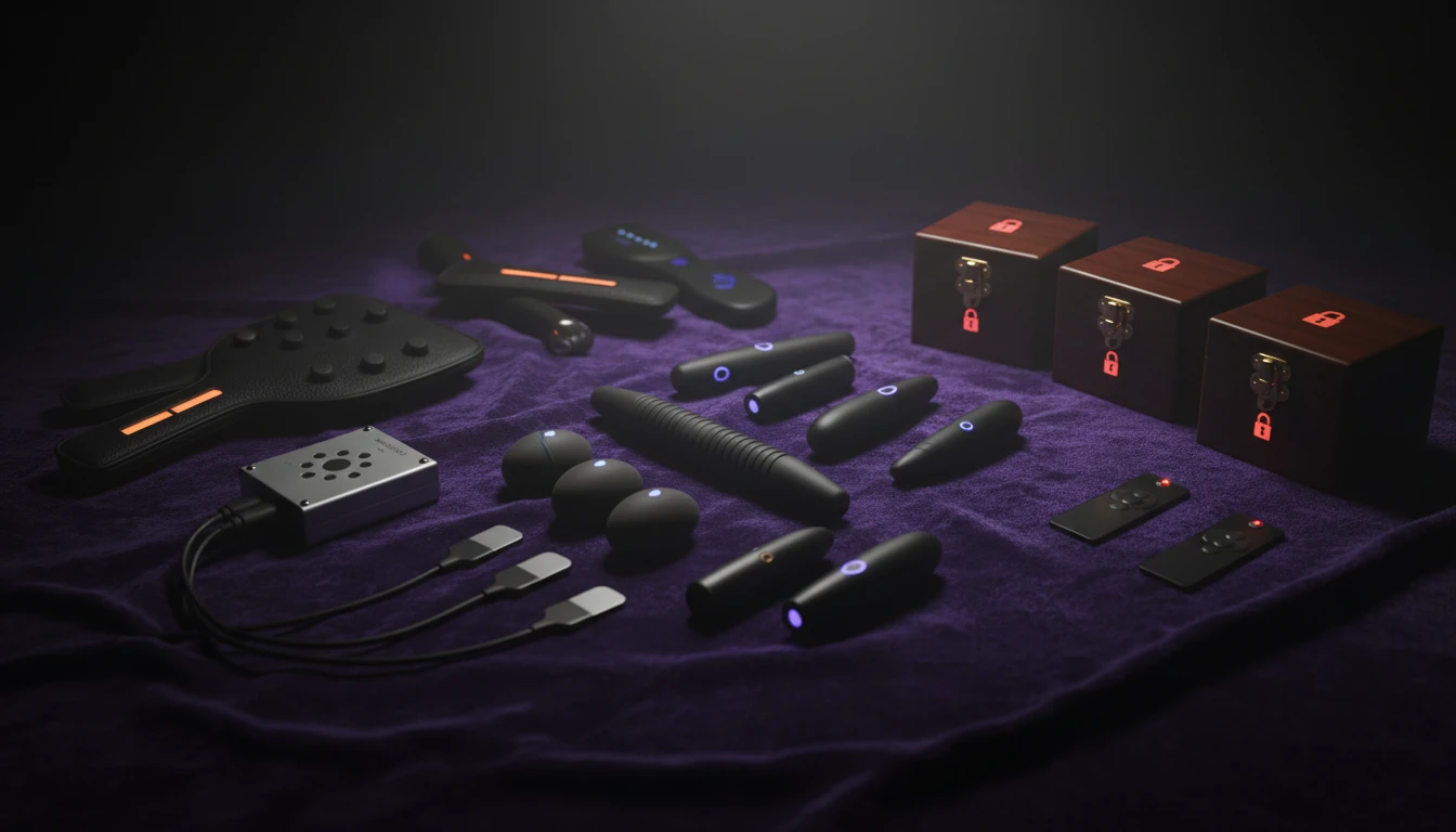 A neatly arranged selection of remote-controlled BDSM toys on a dark velvet cloth. Includes vibrators, haptic paddles, electro-play devices, and small lockable boxes. Lighting is moody, and some items have subtle illuminated accents.
