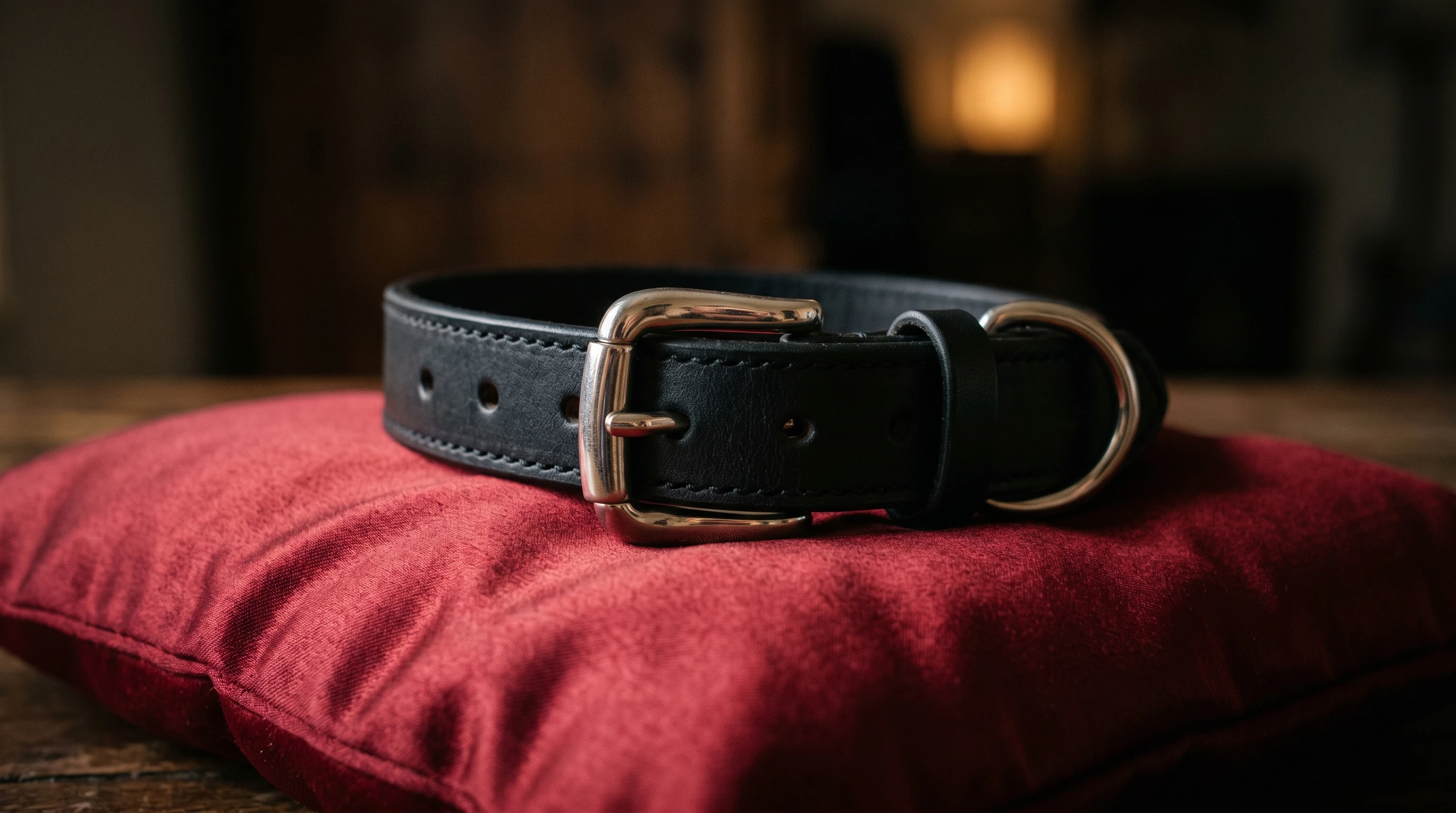 A mysterious black leather collar with a reflective silver buckle lying on a silky red cushion under subtle moody lighting