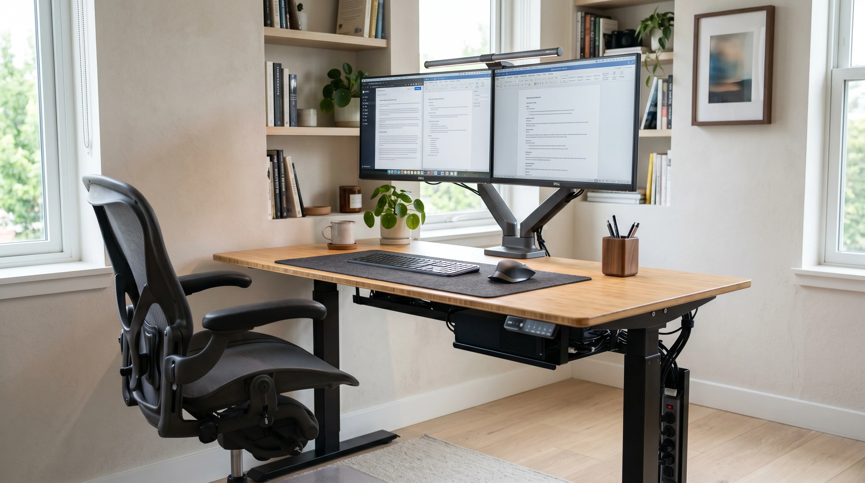 A stylish and organized ergonomic office setup featuring an adjustable chair, sit-stand desk, dual monitors, and good natural lighting.