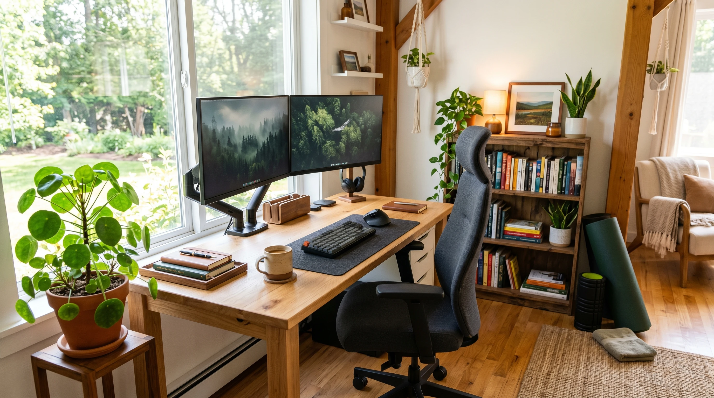 Stretching at a desk - illustration of chair, desk, laptop, and relaxed plant surroundings