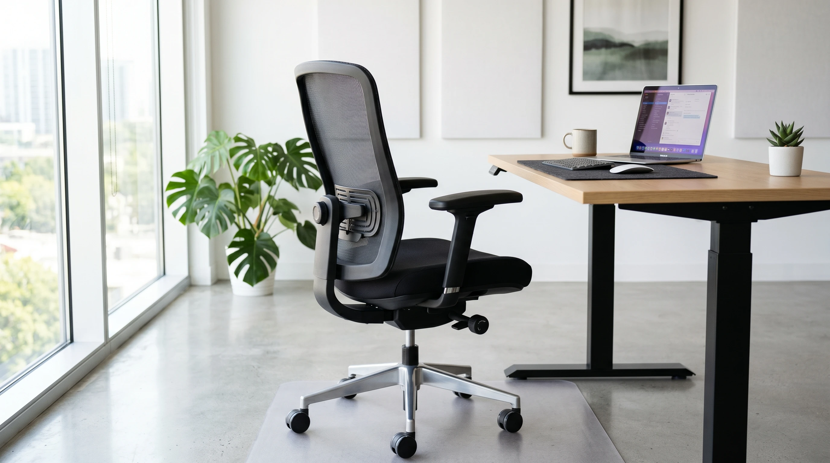 An ergonomic office chair with adjustable features in a modern workspace.