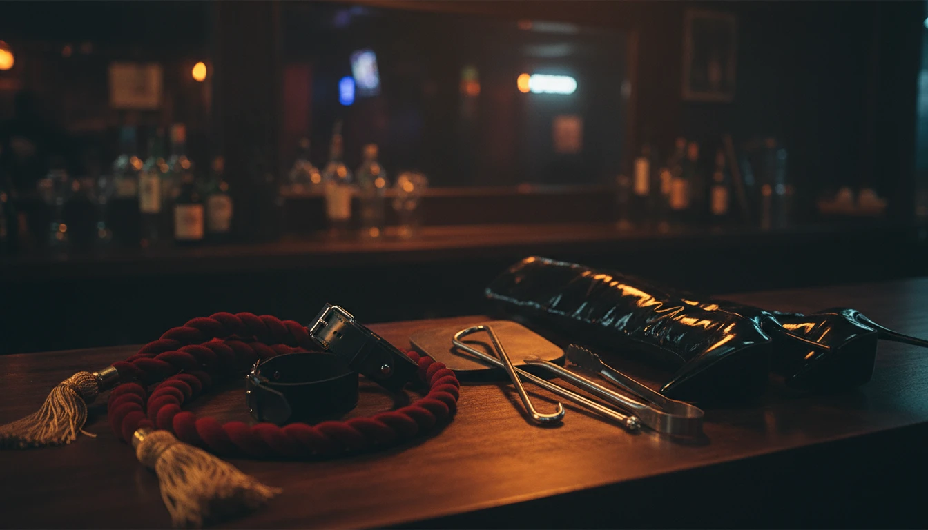 A deep red velvet rope, black leather cuffs, shining steel implements, and black patent boots artfully arranged on a dimly lit bar counter in a moody nightclub environment.