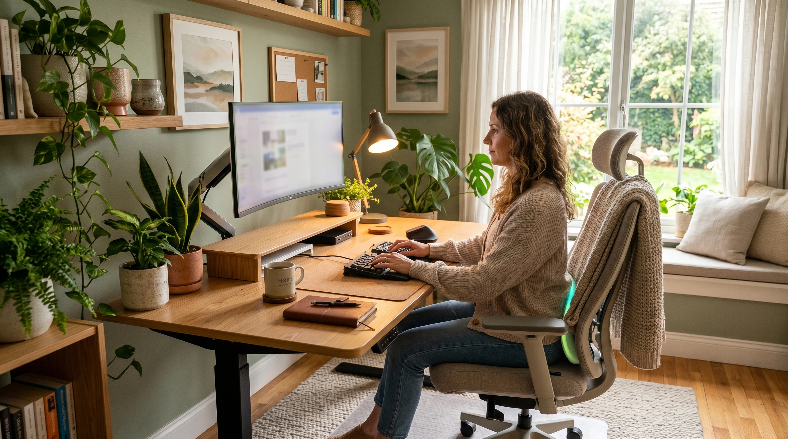 A well-organized ergonomic workspace with natural lighting, comfortable chair, adjustable desk, houseplants, and calming decor.