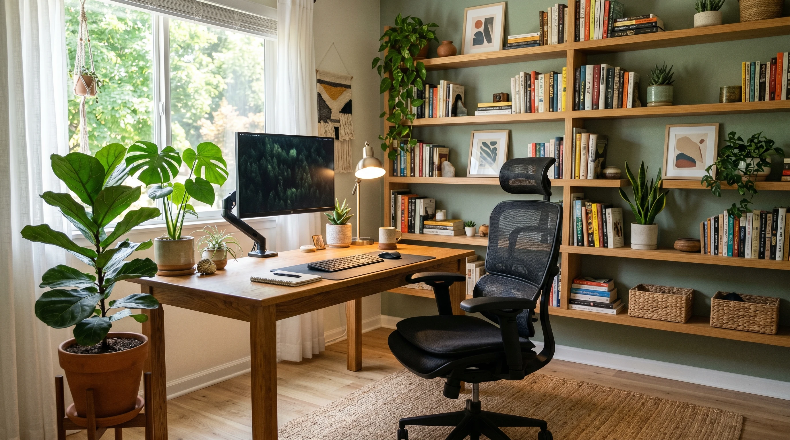 Home office setup with ergonomic workspace, desk, chair, and greenery