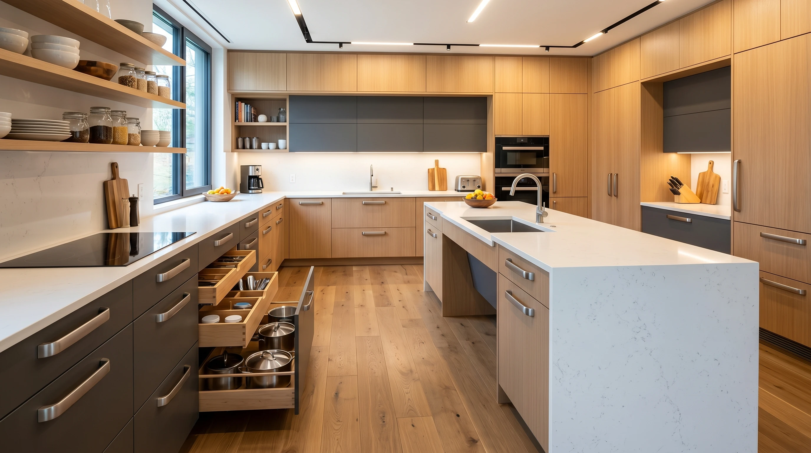 Bright, modern ergonomic kitchen with wide workspaces, varied counter heights, and organized storage.