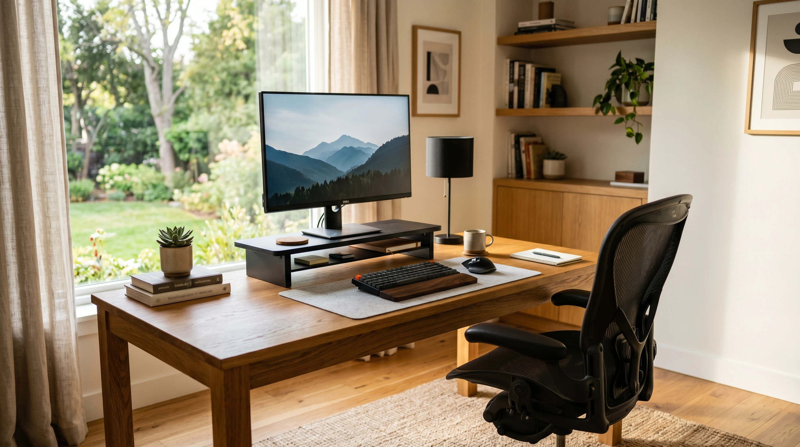 ergonomic desk workspace with chair, monitor riser, and clean accessories