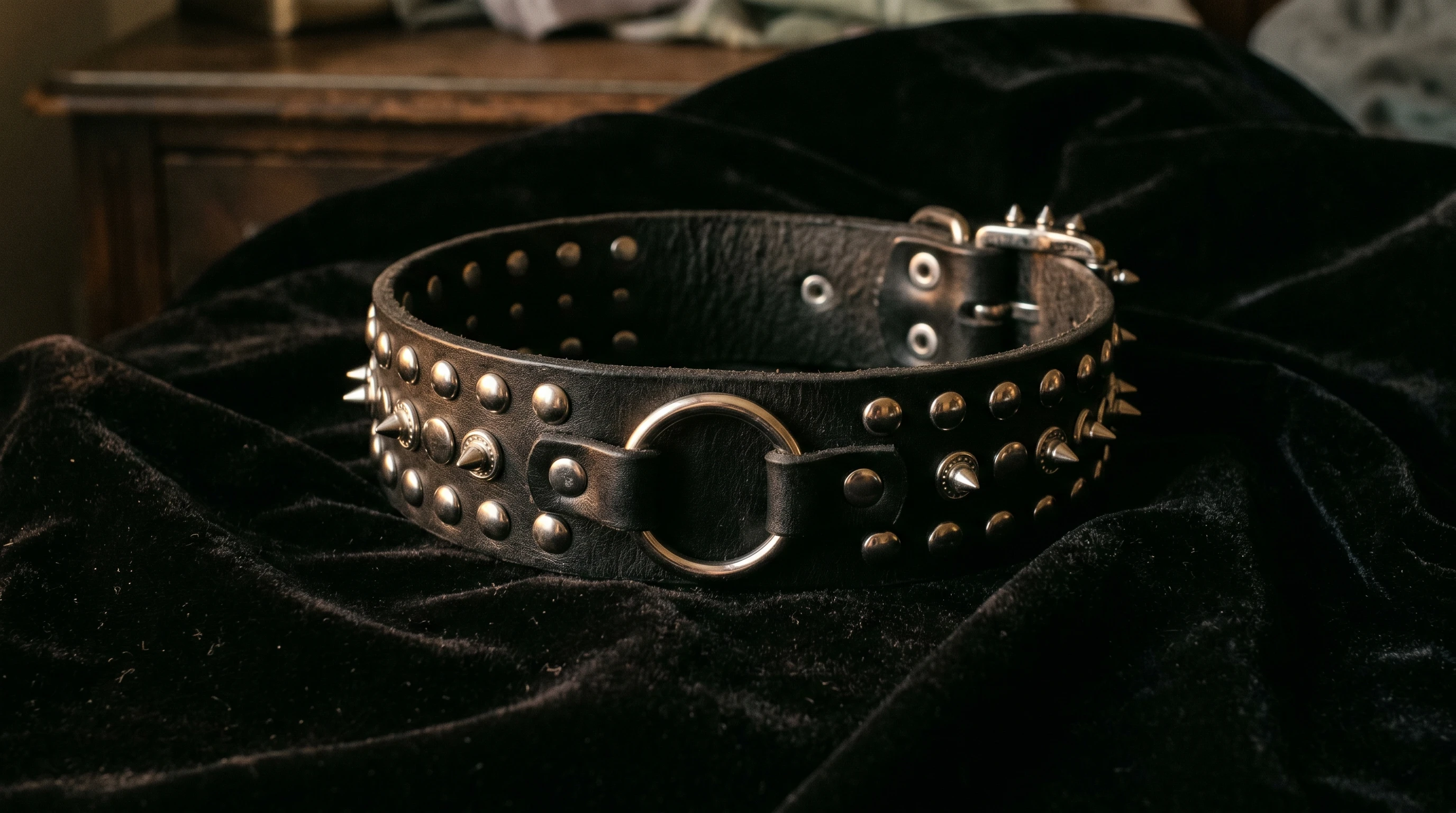 A dramatic black leather collar with silver studs resting on a velvet surface. Elegant, moody lighting highlights the textures and metallic sheen.