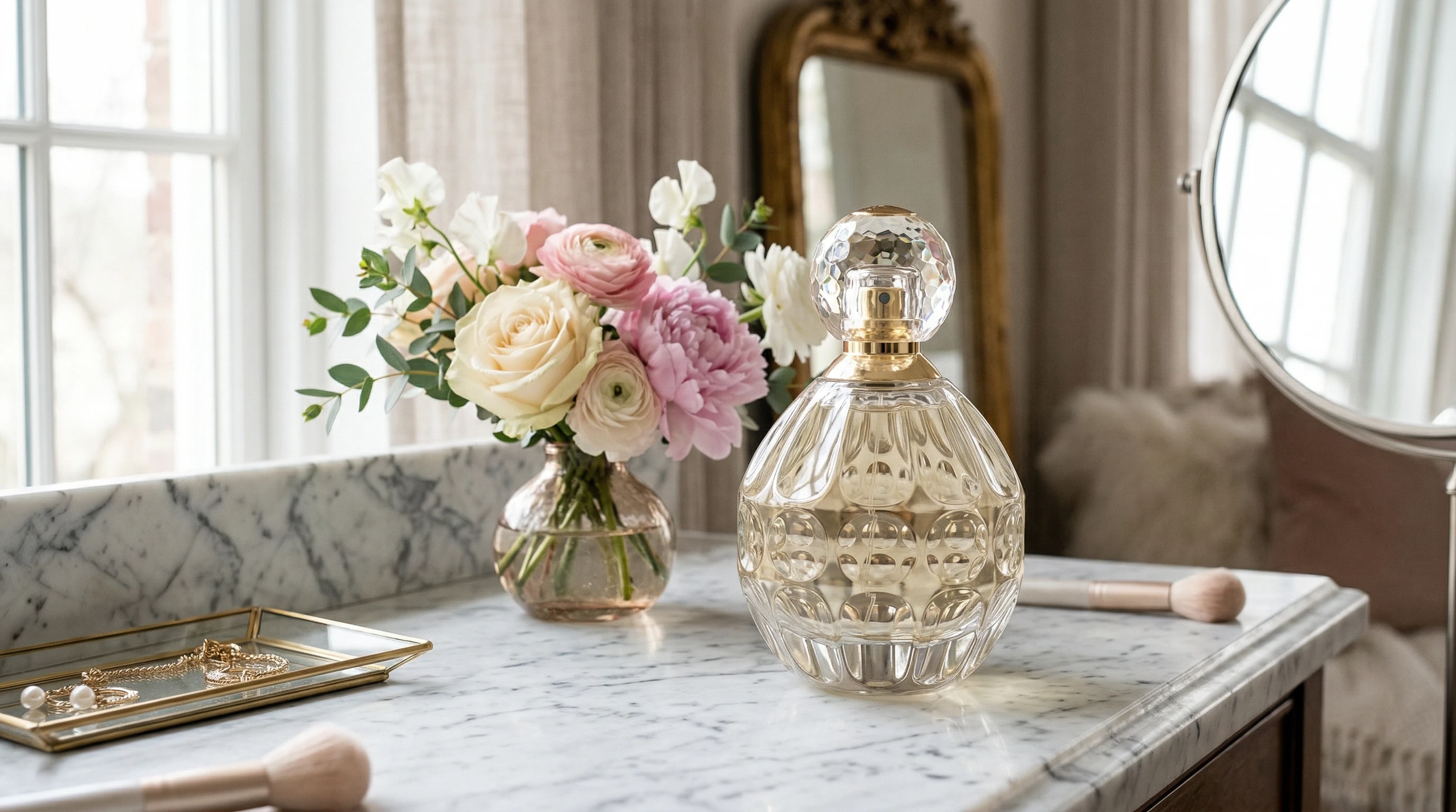 Jimmy Choo perfume bottle next to elegant flowers on a marble vanity