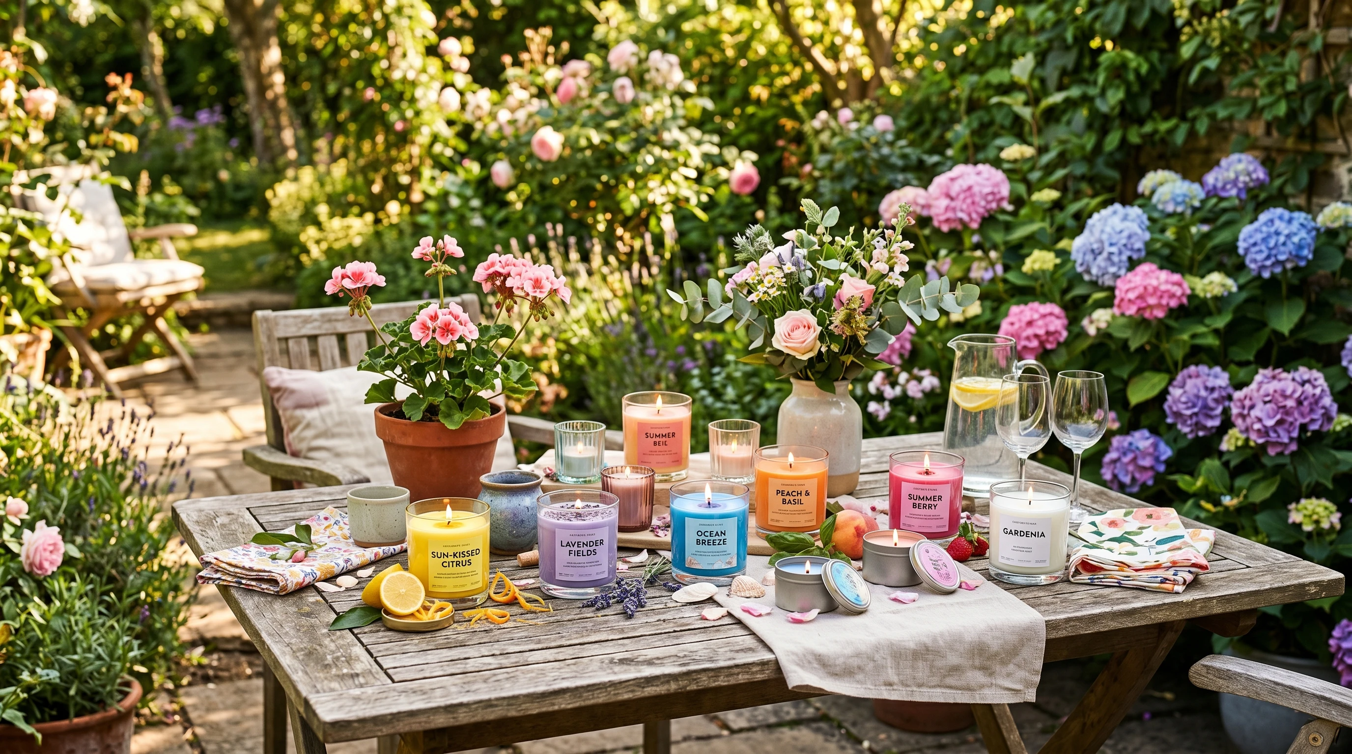 A table set outdoors with various colorful summer-scented candles, surrounded by greenery and flowers, with warm sunlight highlighting the scene.