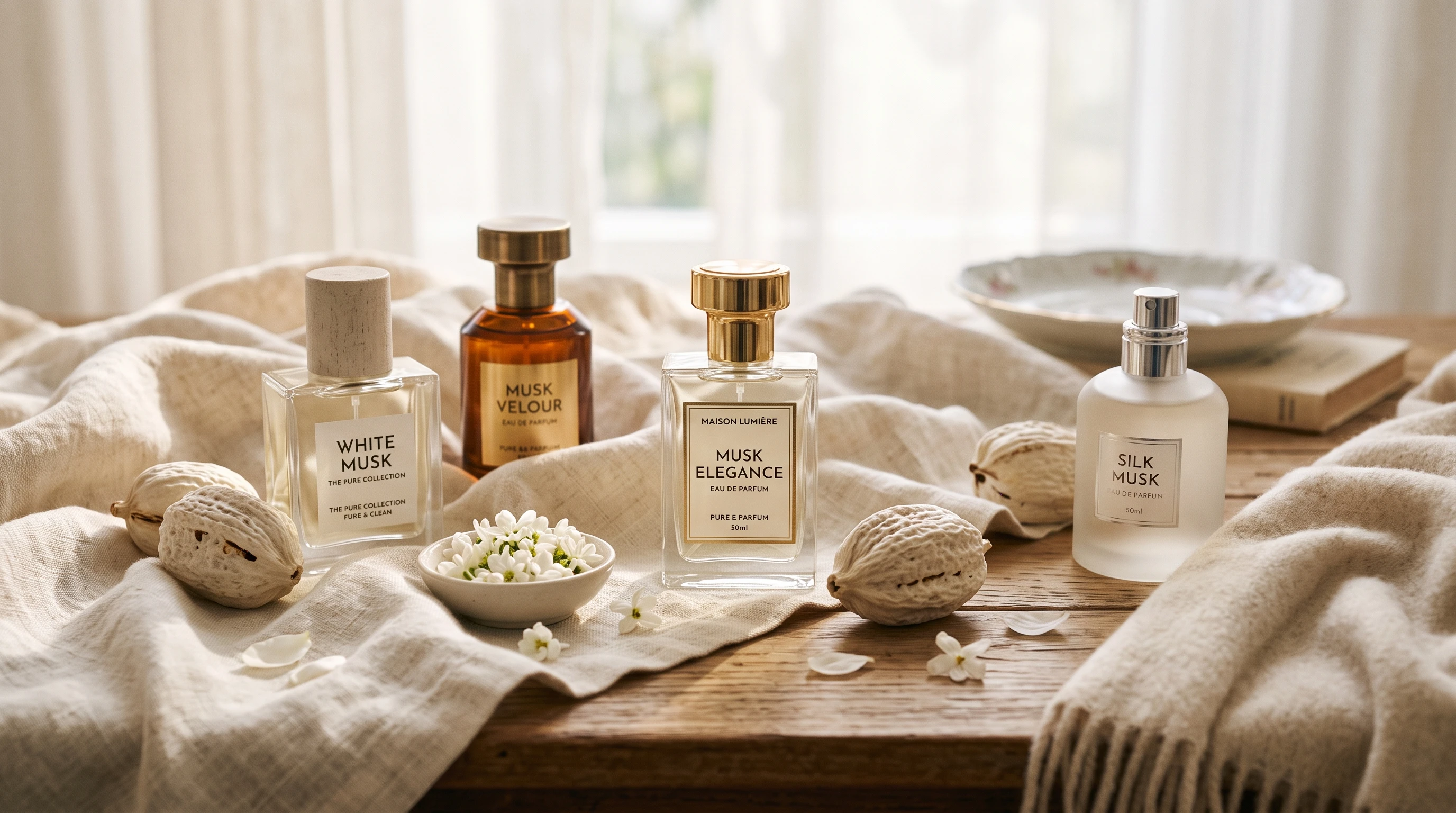 Bottles of musk perfume on a light background alongside musk pods and white floral notes.
