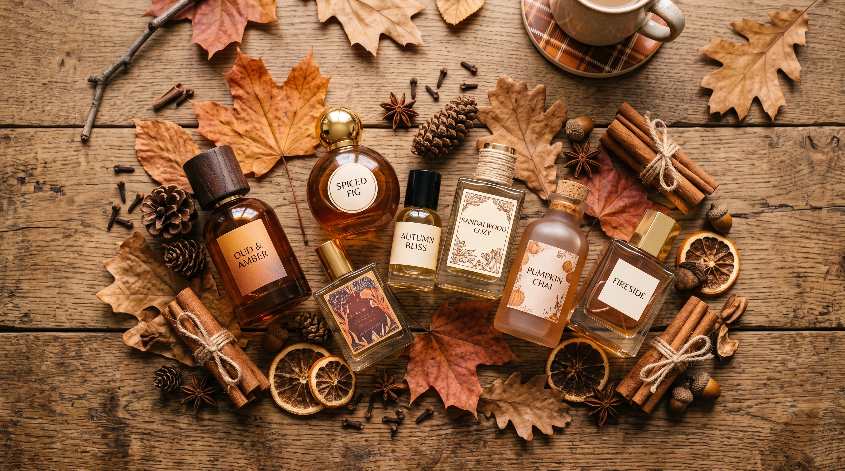 Flat lay of autumn-themed perfumes among dried leaves, cinnamon sticks, and pinecones