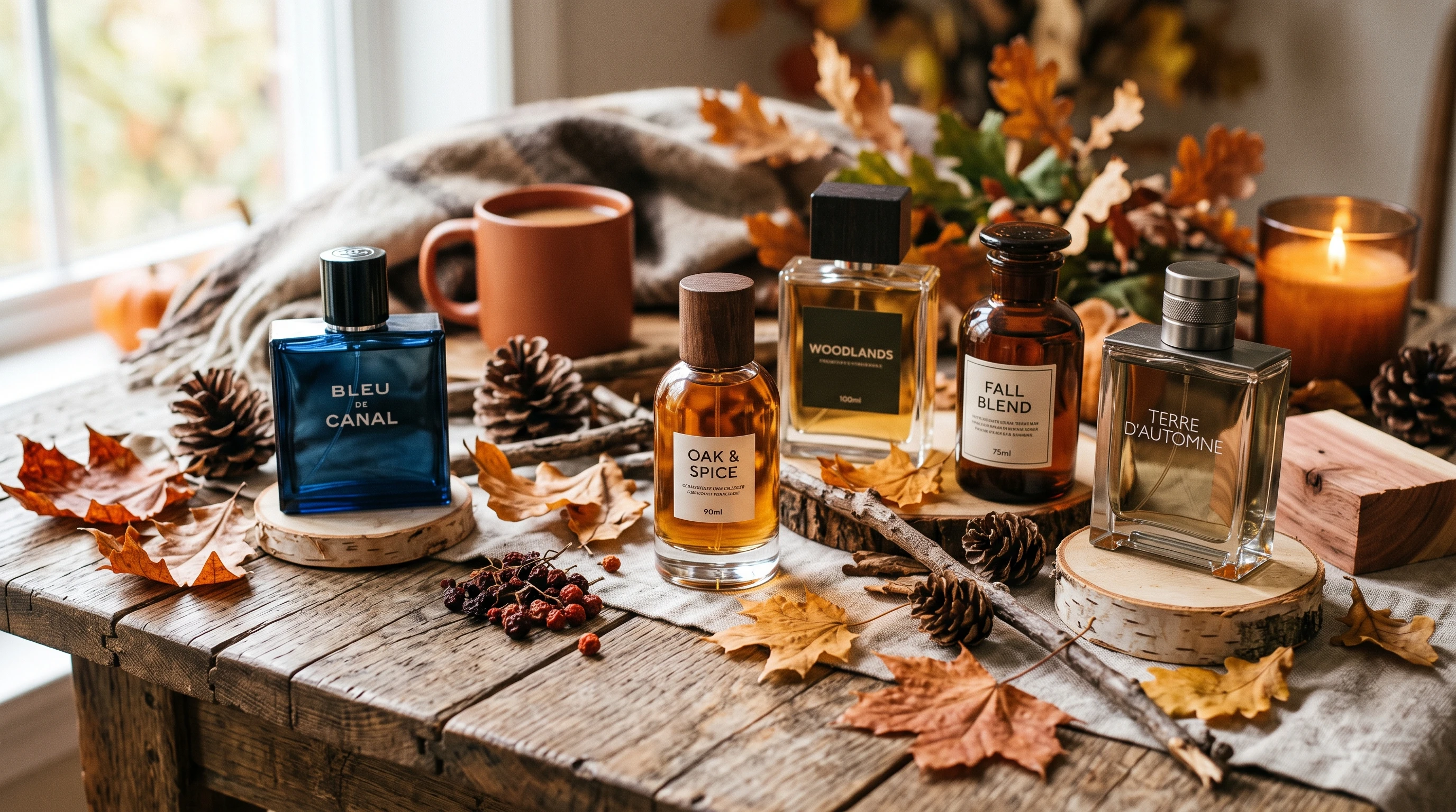 Bottles of men's autumn fragrances arranged on a wooden table next to colorful autumn leaves.