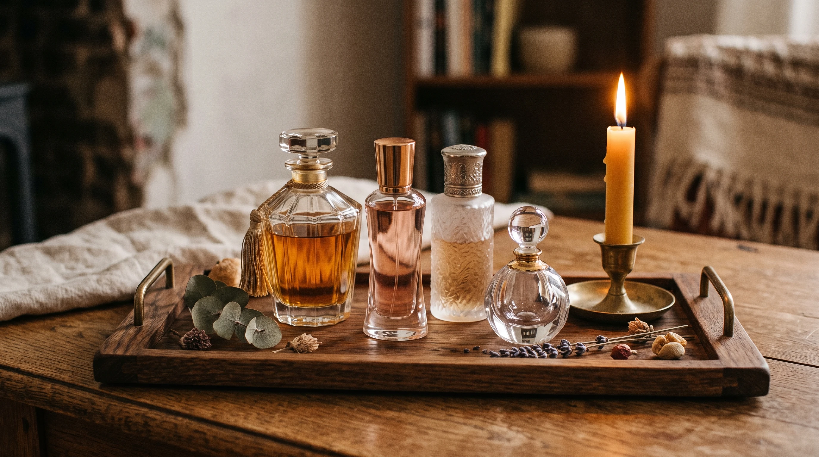 A collection of elegant, complementary perfume bottles on a wooden tray next to soft candlelight