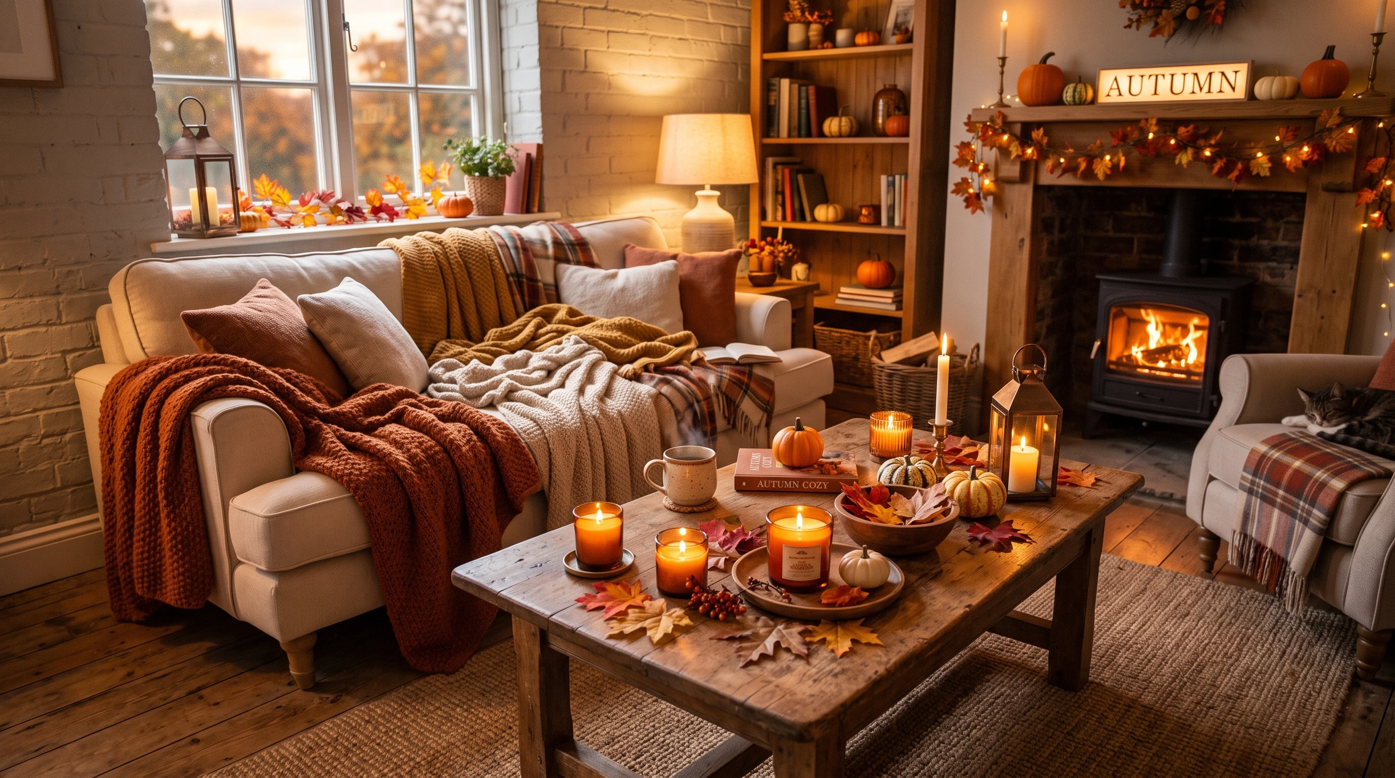 A cozy living room with autumn-scented candles, fallen leaves, and warm colored decor.