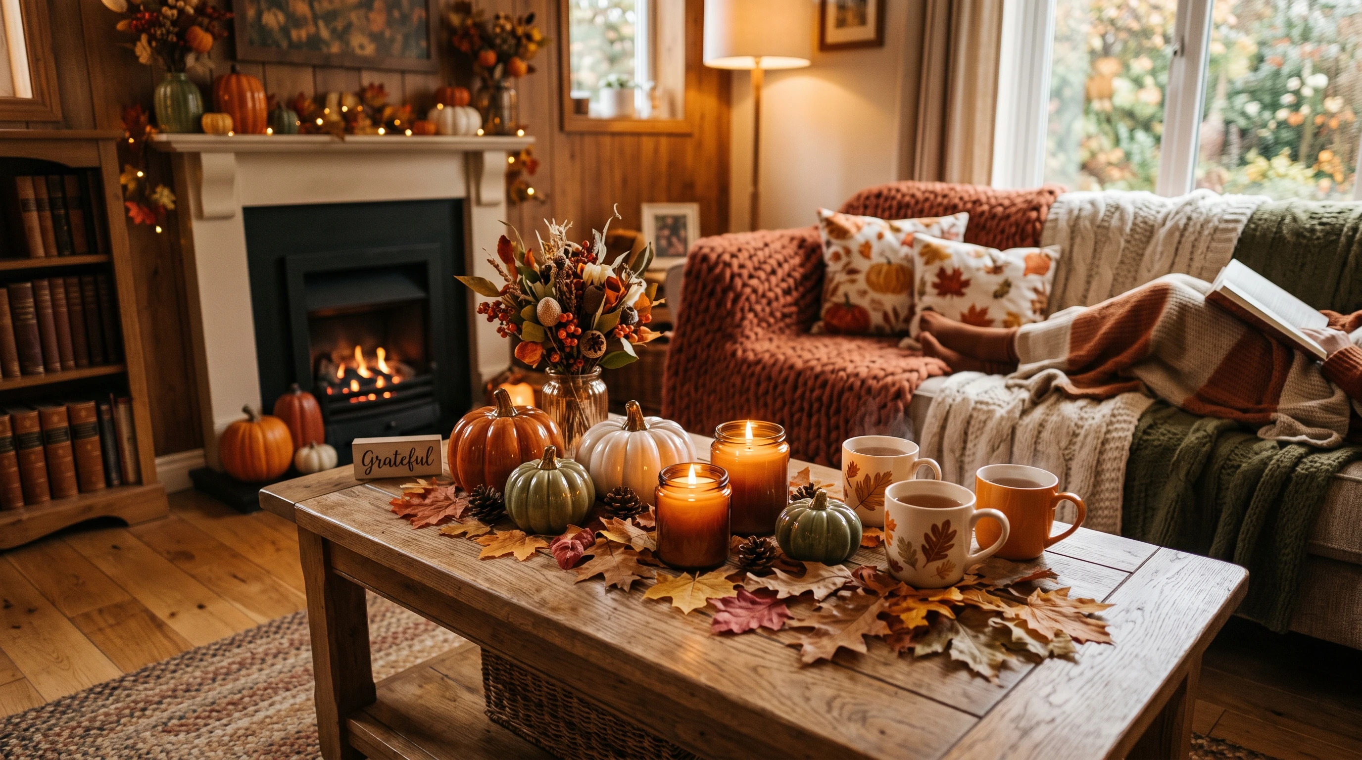 A cozy autumn living room scene with candles and dried leaves on a table.