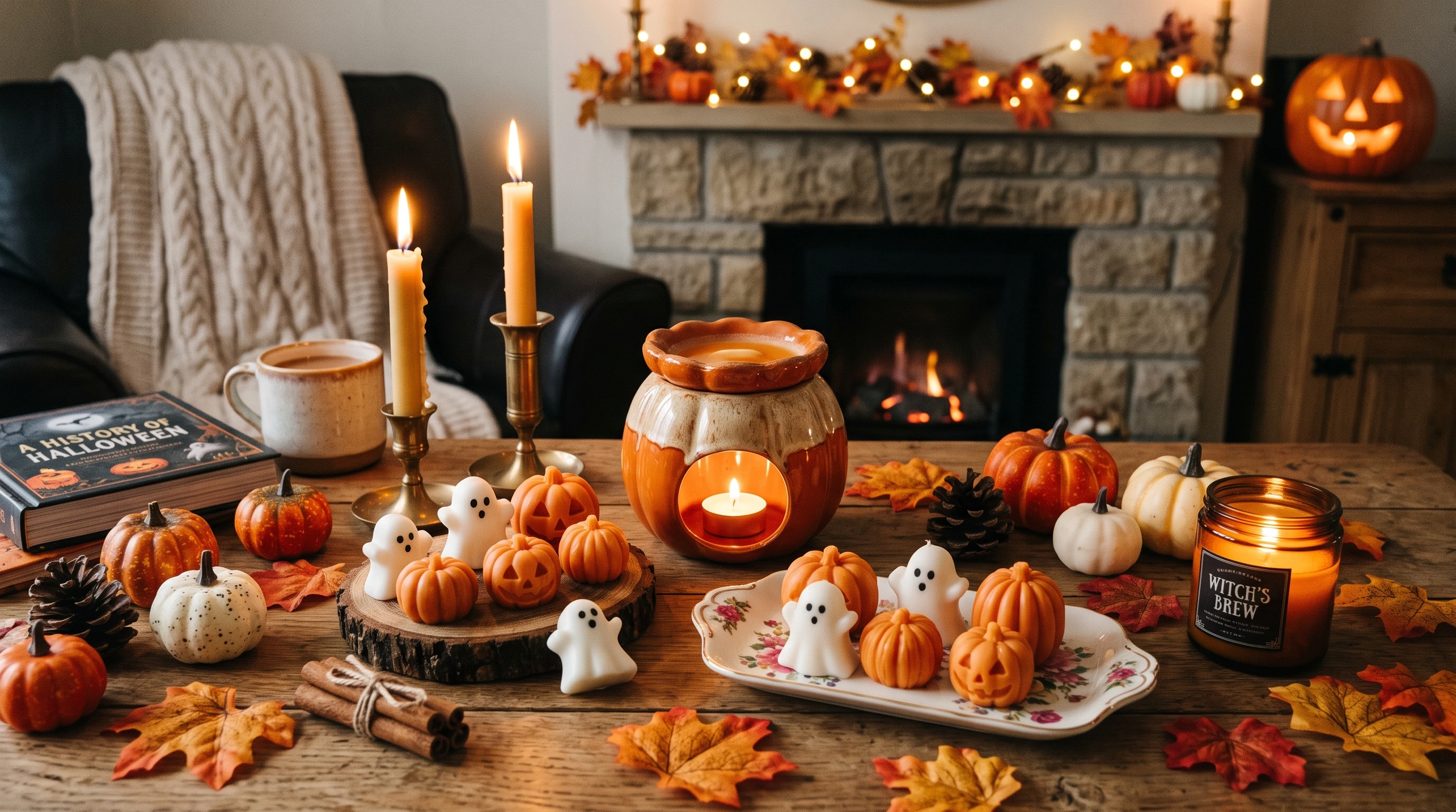 Halloween-themed wax melts in pumpkin and ghost shapes surrounded by autumn leaves and candles
