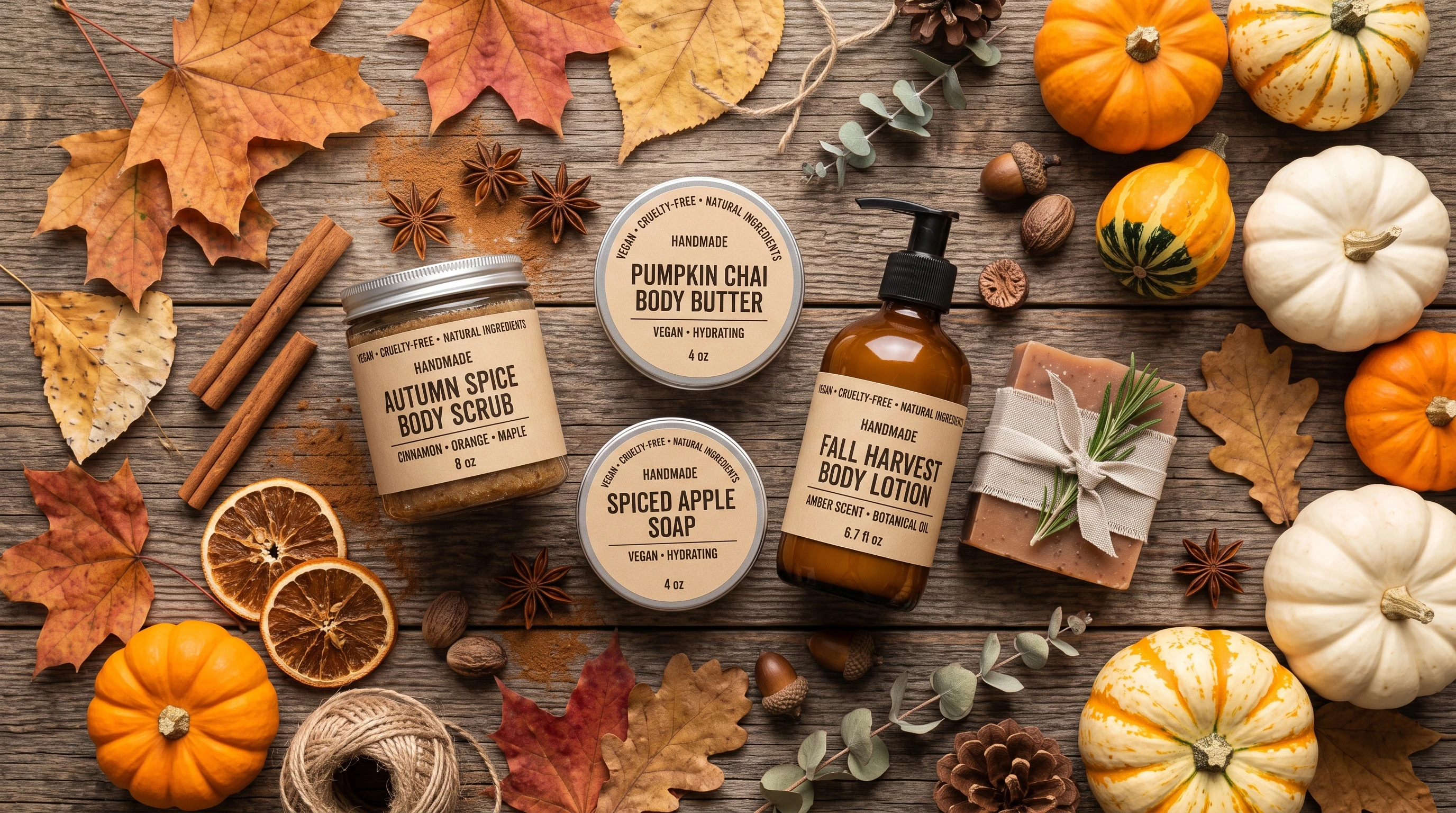 Flatlay of vegan autumn-scented body care products surrounded by leaves, cinnamon sticks, and small pumpkins
