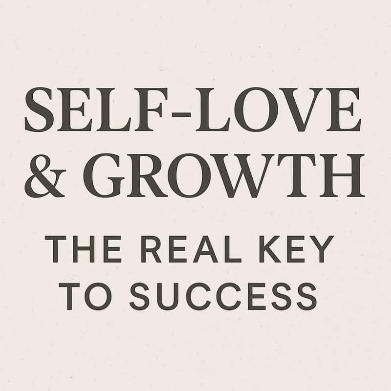 Text graphic saying “Self-Love & Growth: The Real Key to Success” on a soft, off-white background.