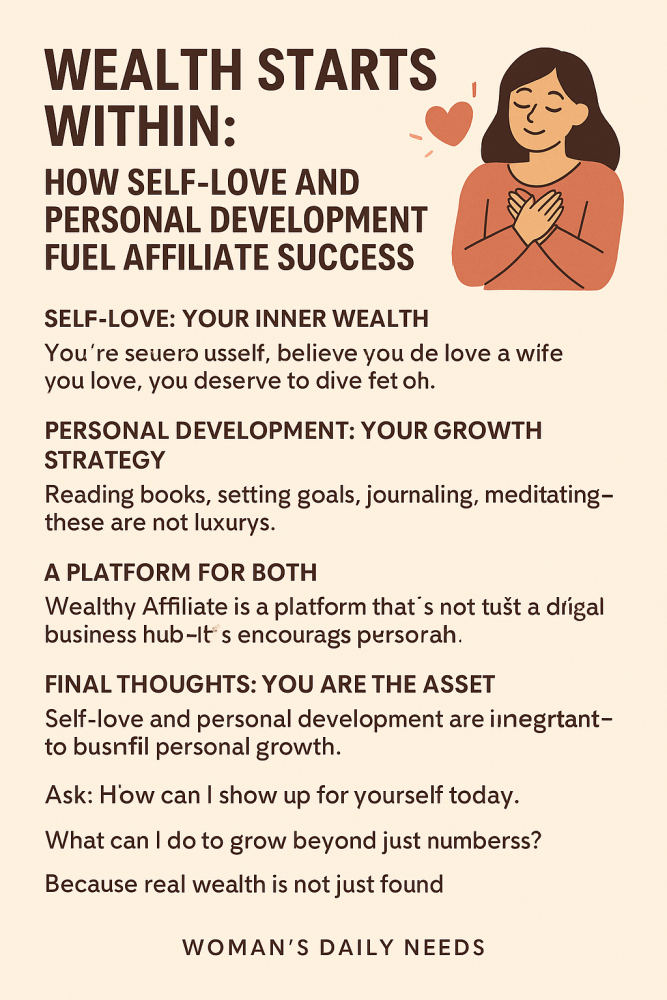 A soft-toned graphic titled “Wealth Starts Within,” featuring a smiling woman with hands on her heart. It highlights four sections on self-love, personal development, and affiliate success, ending with the brand “Woman’s Daily Needs.”