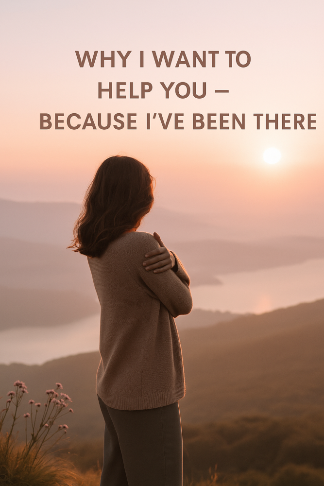 A warm, golden-hued photograph taken at sunset features a woman standing in a field of tall grass, facing the glowing horizon. The text overlay says, “This space is for you,” symbolizing belonging, hope, and healing.