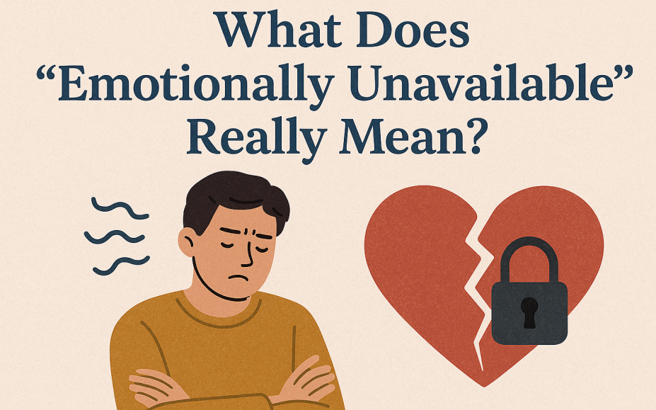 Illustration of a man with crossed arms and a tense expression beside a broken, padlocked heart. Title reads “What Does ‘Emotionally Unavailable’ Really Mean?” on a beige background.
