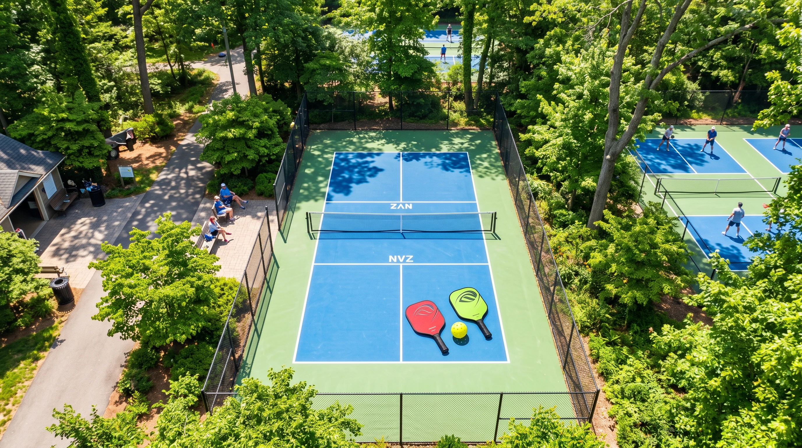 A pickleball court from above, with clear markings and paddles and ball placed on the surface