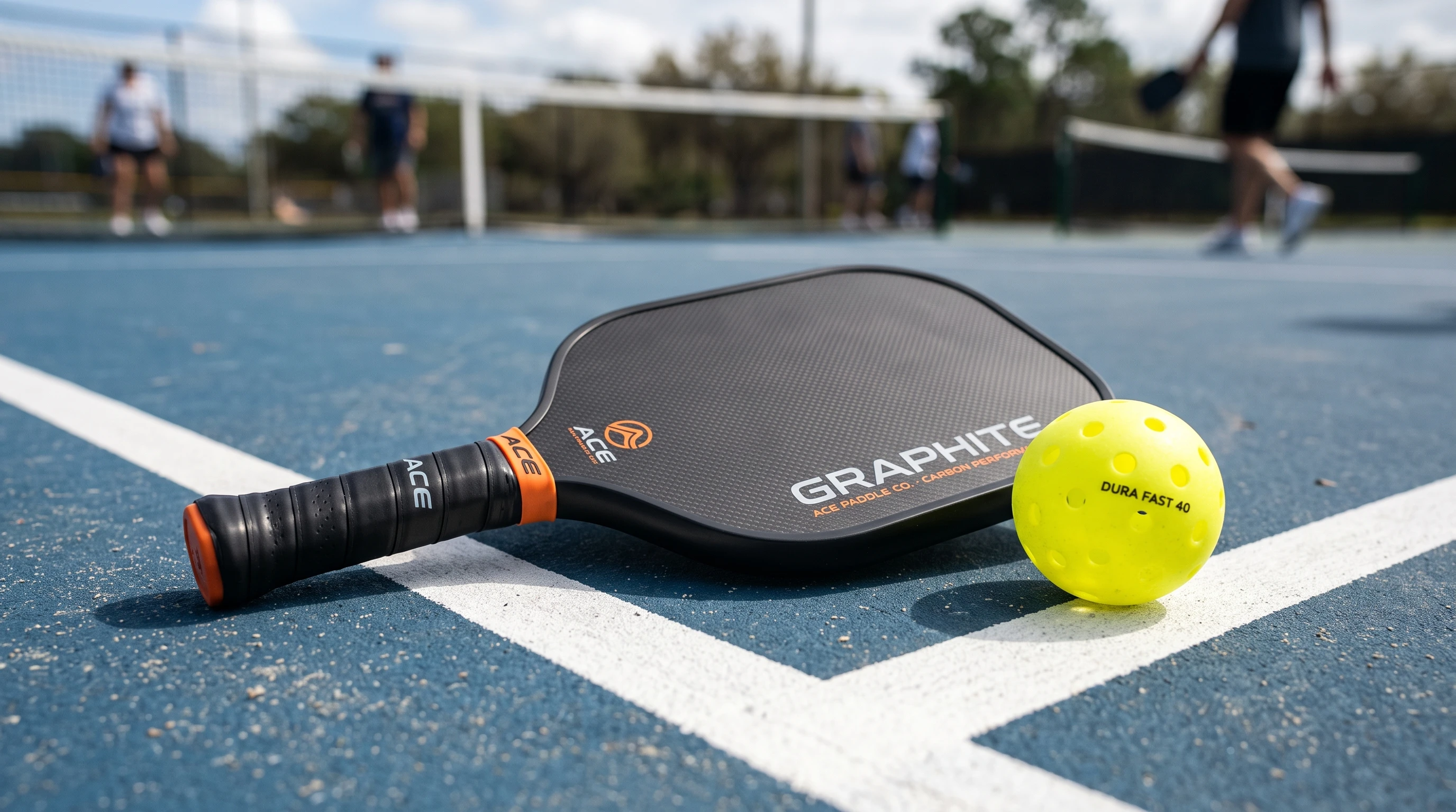 A close-up of a graphite pickleball paddle placed on a court with a pickleball next to it