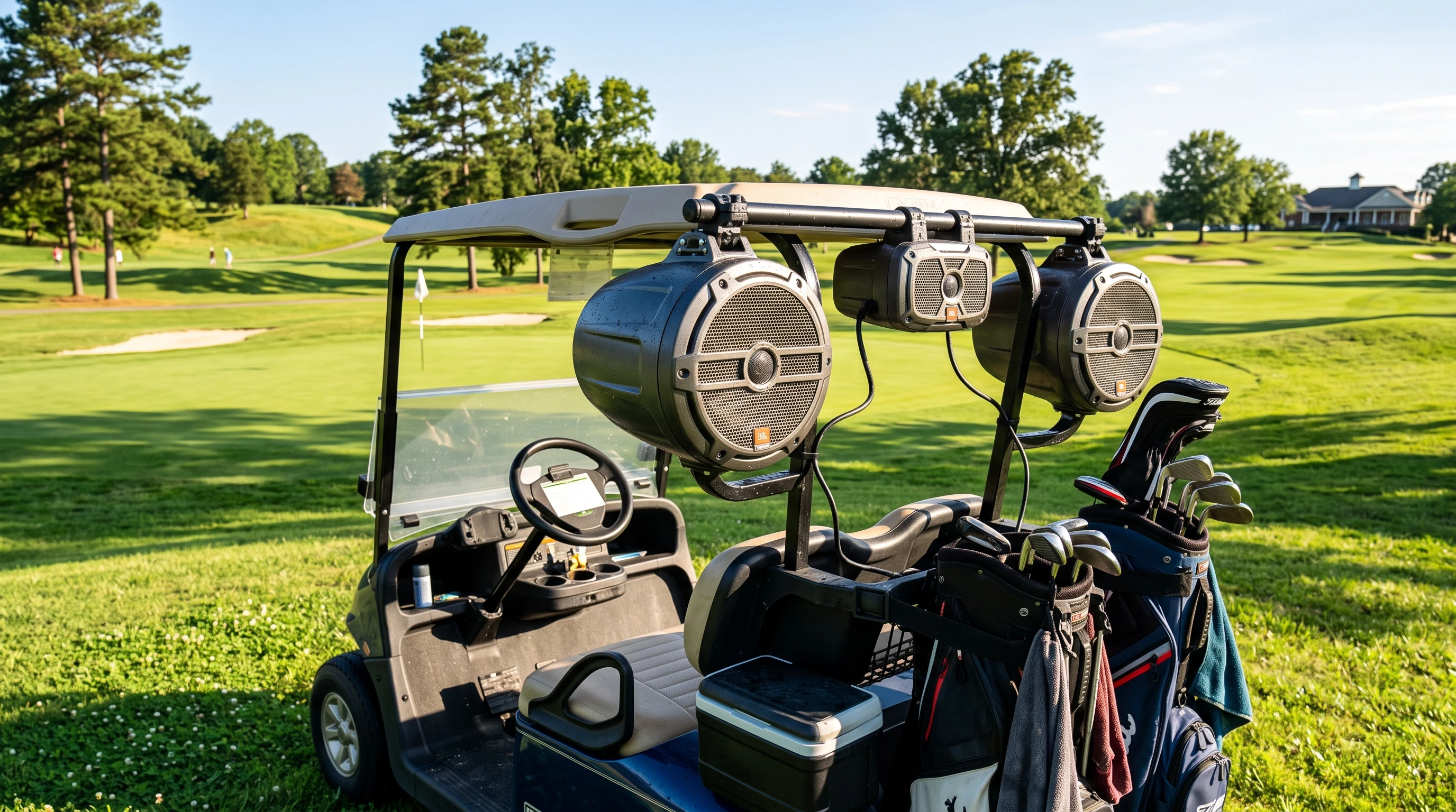 A set of waterproof marine-grade speakers mounted on a golf cart, surrounded by green grass and sunlight.