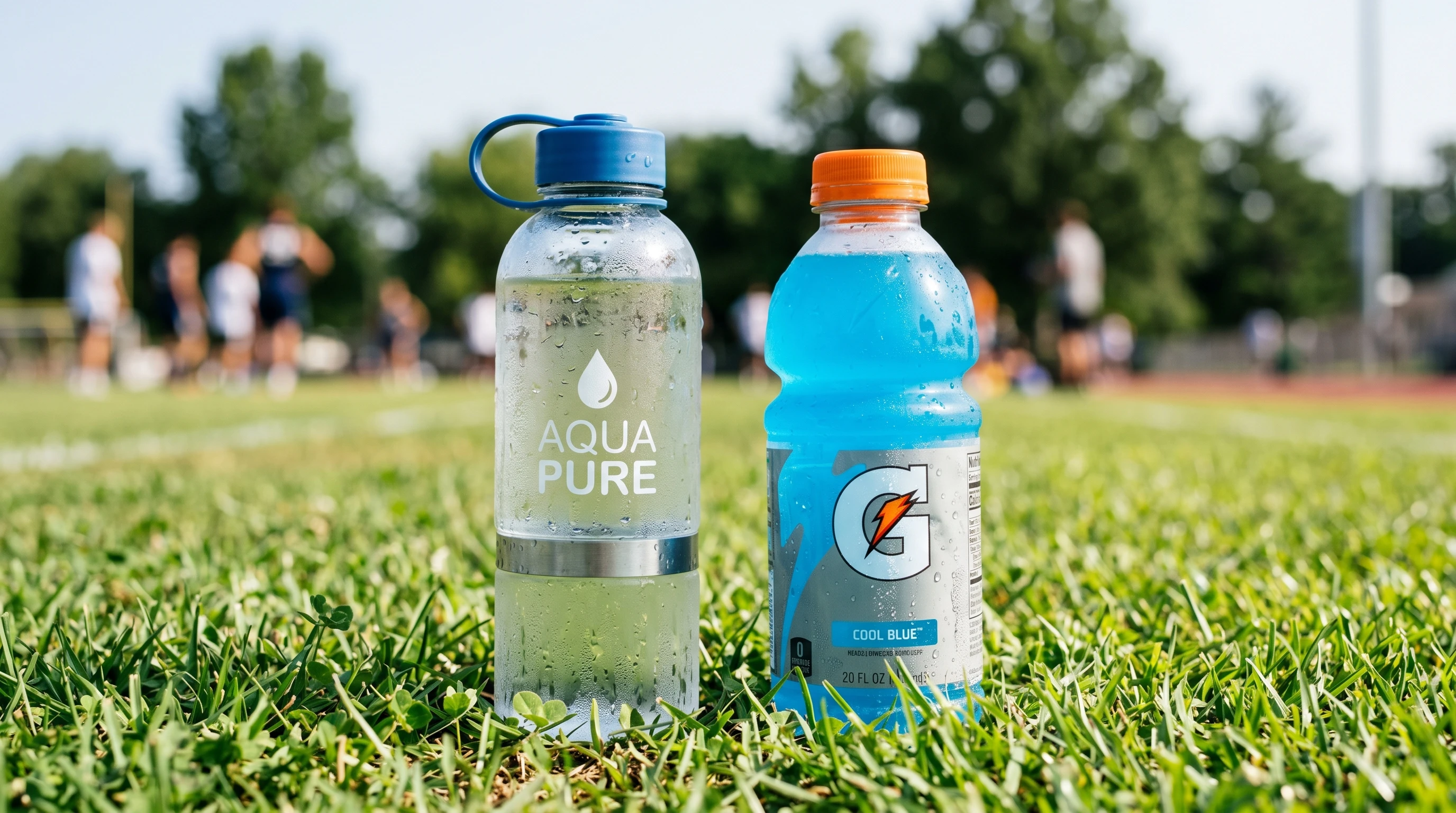 A close-up photo of a cold water bottle and a sports drink bottle side by side on a grassy field under natural light. The image focuses on the drinks with condensation, and a blurred outdoor environment in the background.