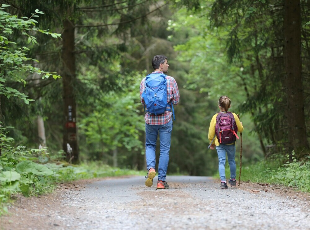 Dada and daughter walking in the forest