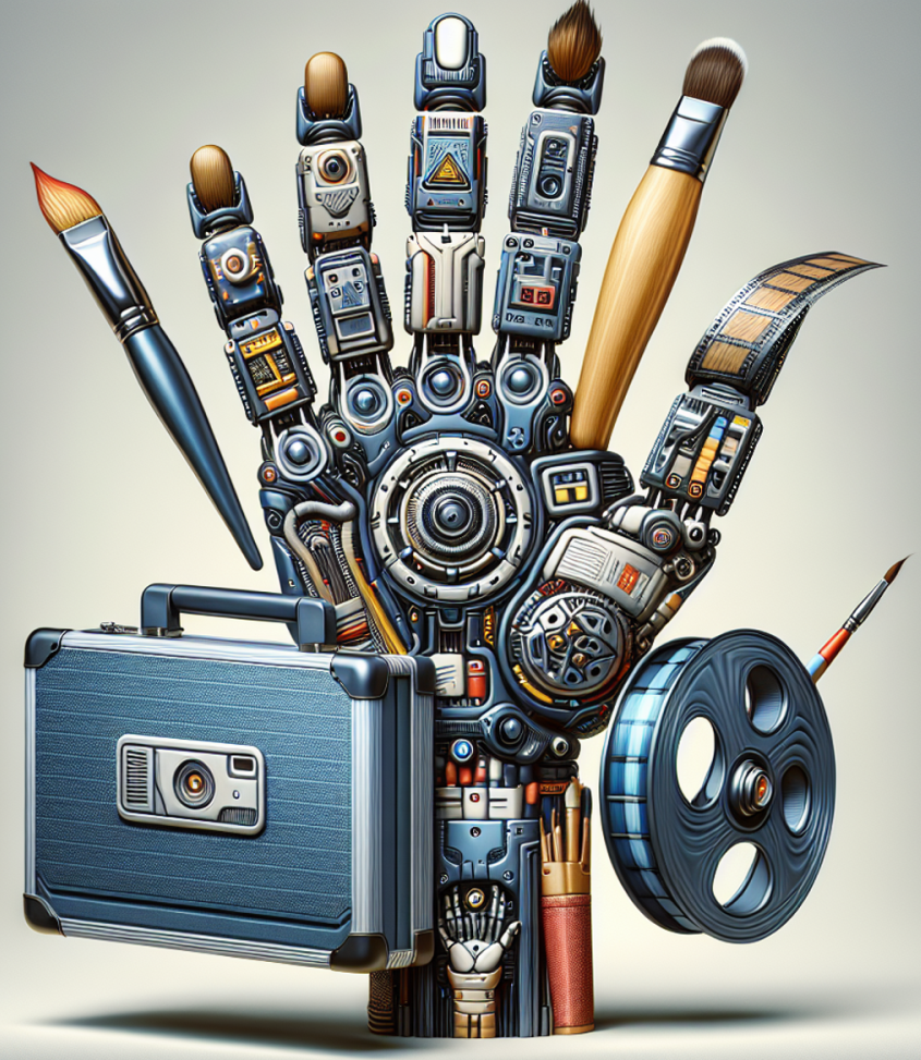 A futuristic robot hand gripping a toolbox with AI tools emerging, including a paintbrush for image generation, a film reel for video creation, a slide deck for slide generation, and an abstract symbol for presentation creation.