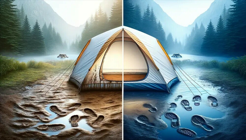 Side by side image of a tent, one side dirty and the other side clean