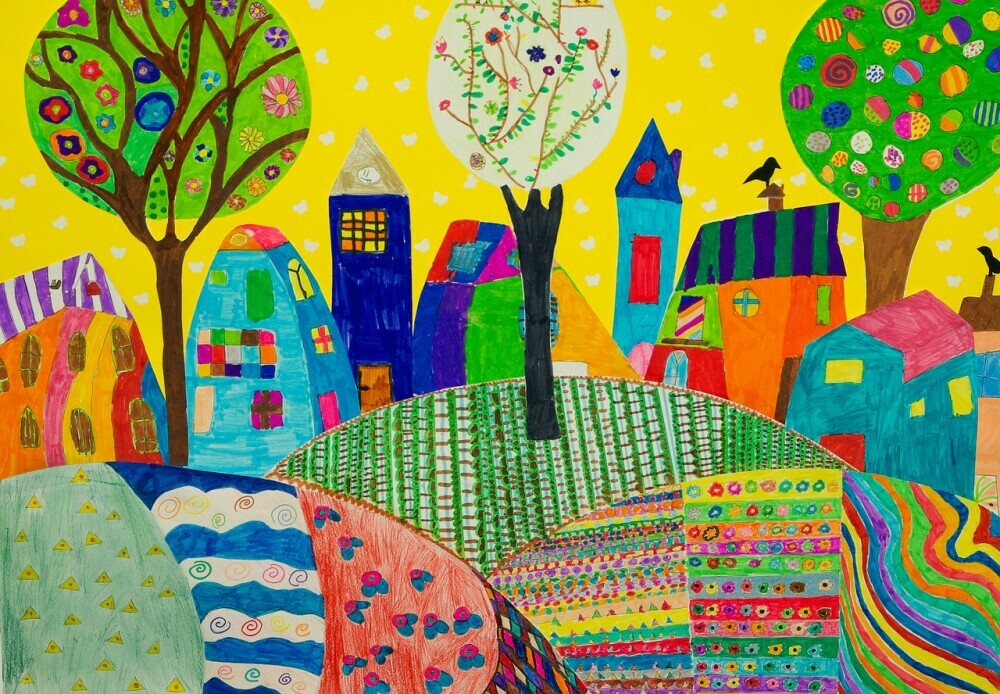 An art painting of a colorful neighborhood.