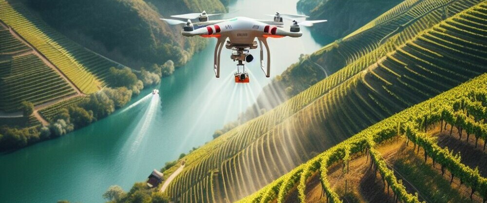 drone spraying  a steep vineyard