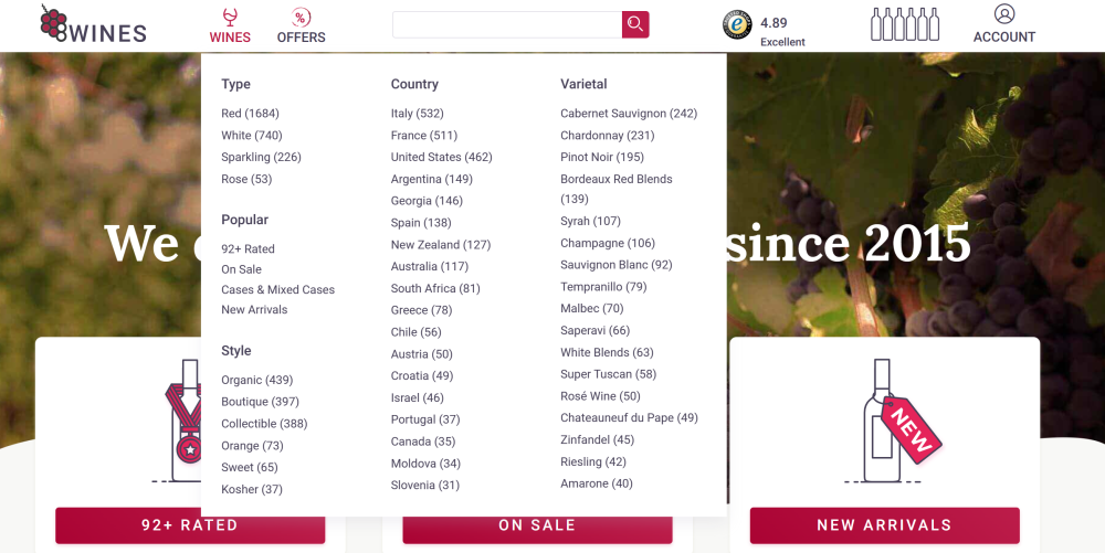 screenshot of all the wines 8wines has to offer