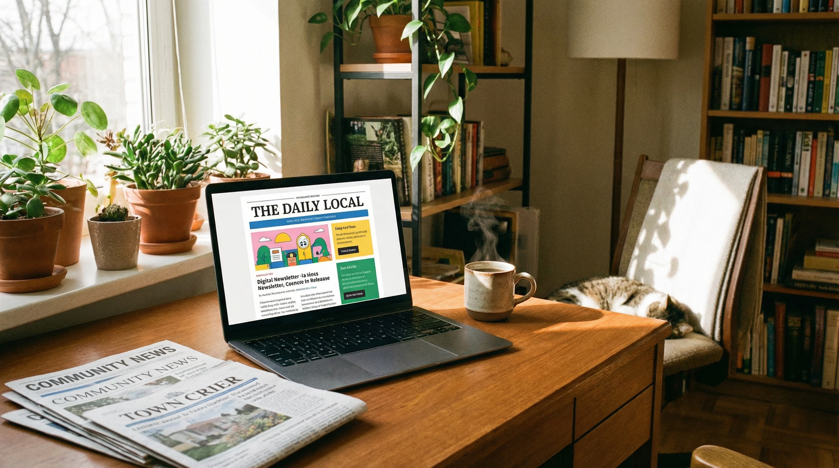 newsletter workspace with coffee and laptop