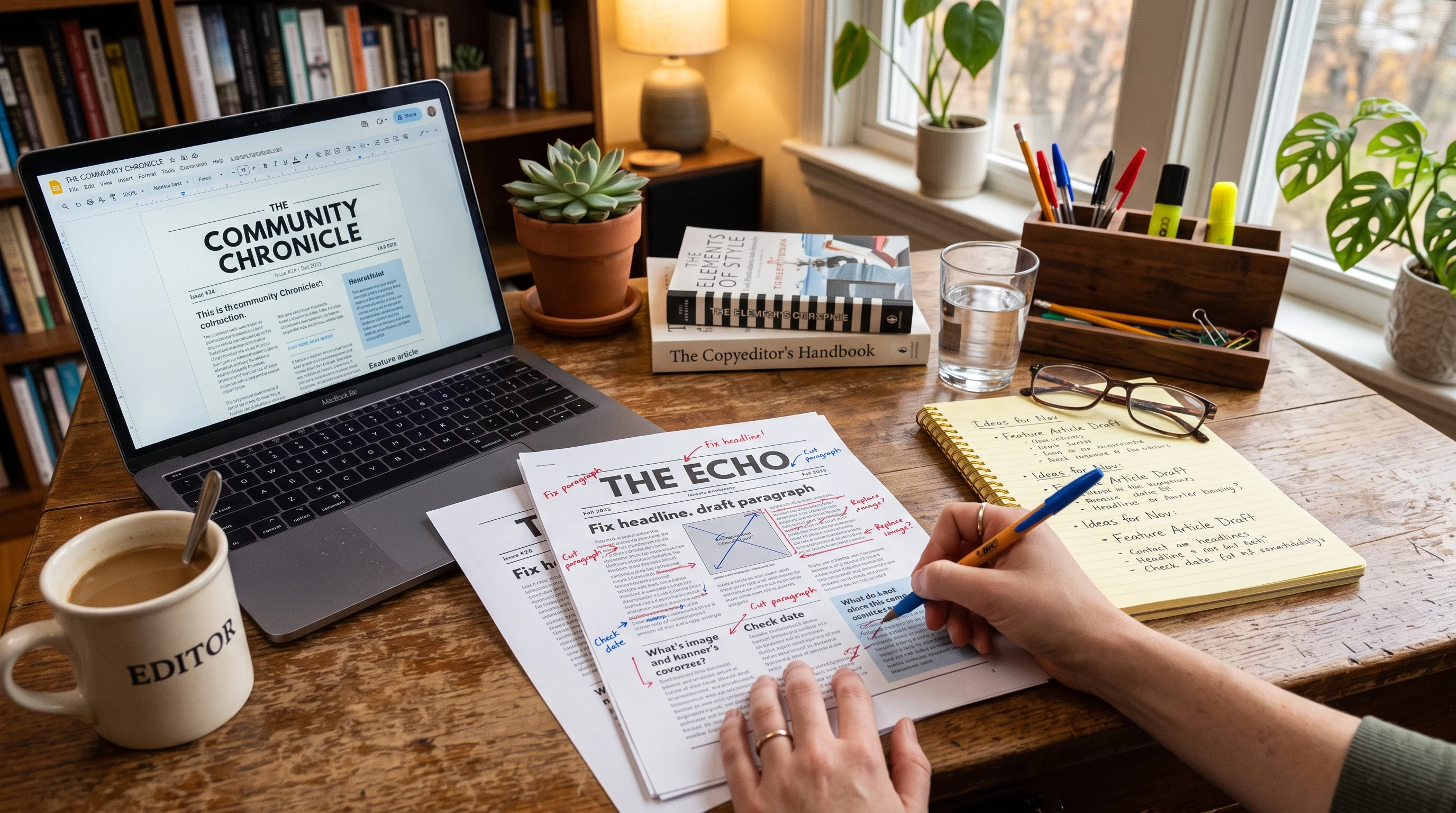 A desktop workspace with newsletters, notes, and correction marks on printed paper.