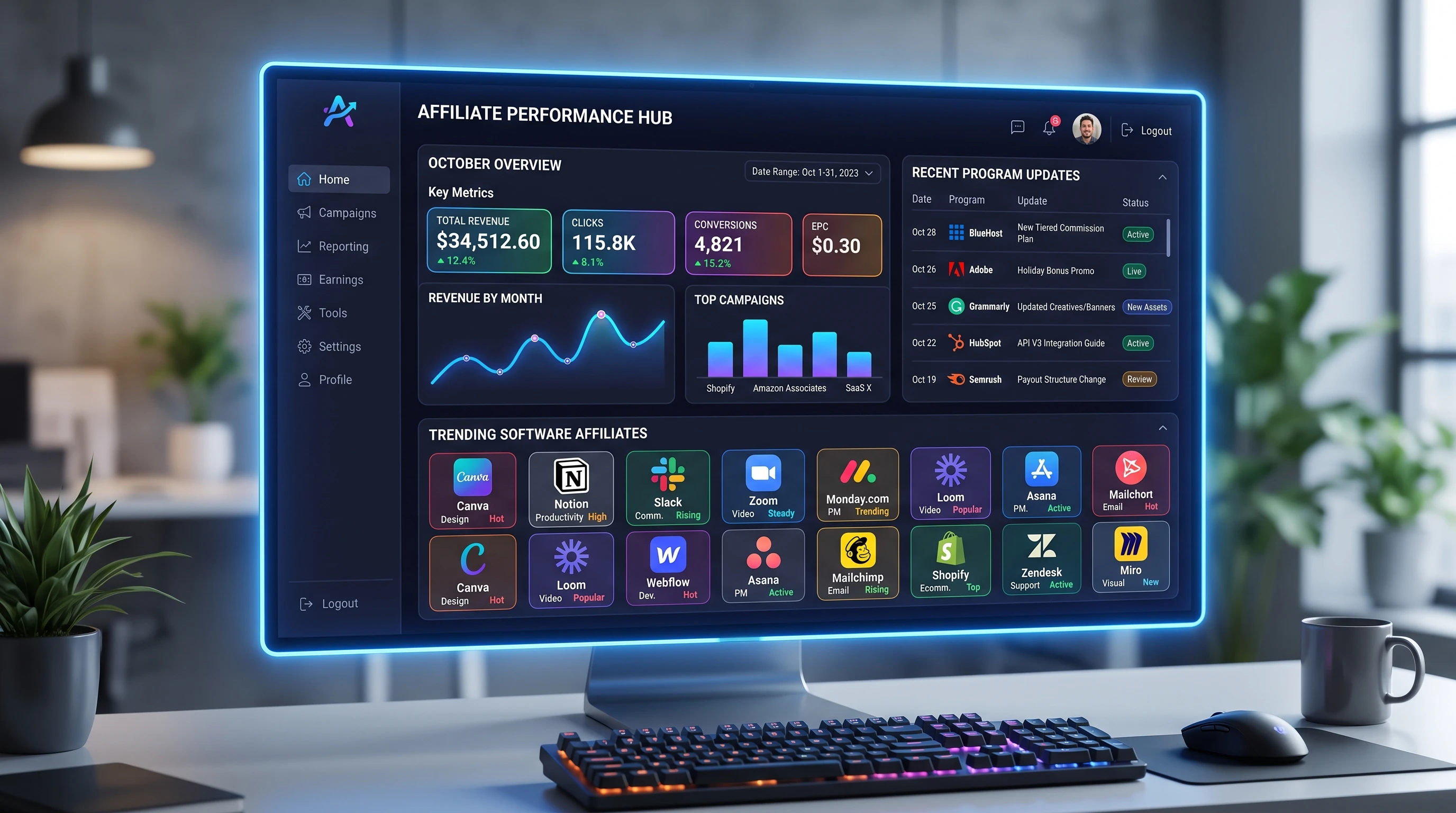 Colorful dashboard interface showing recent updates and stats for affiliate marketing programs.