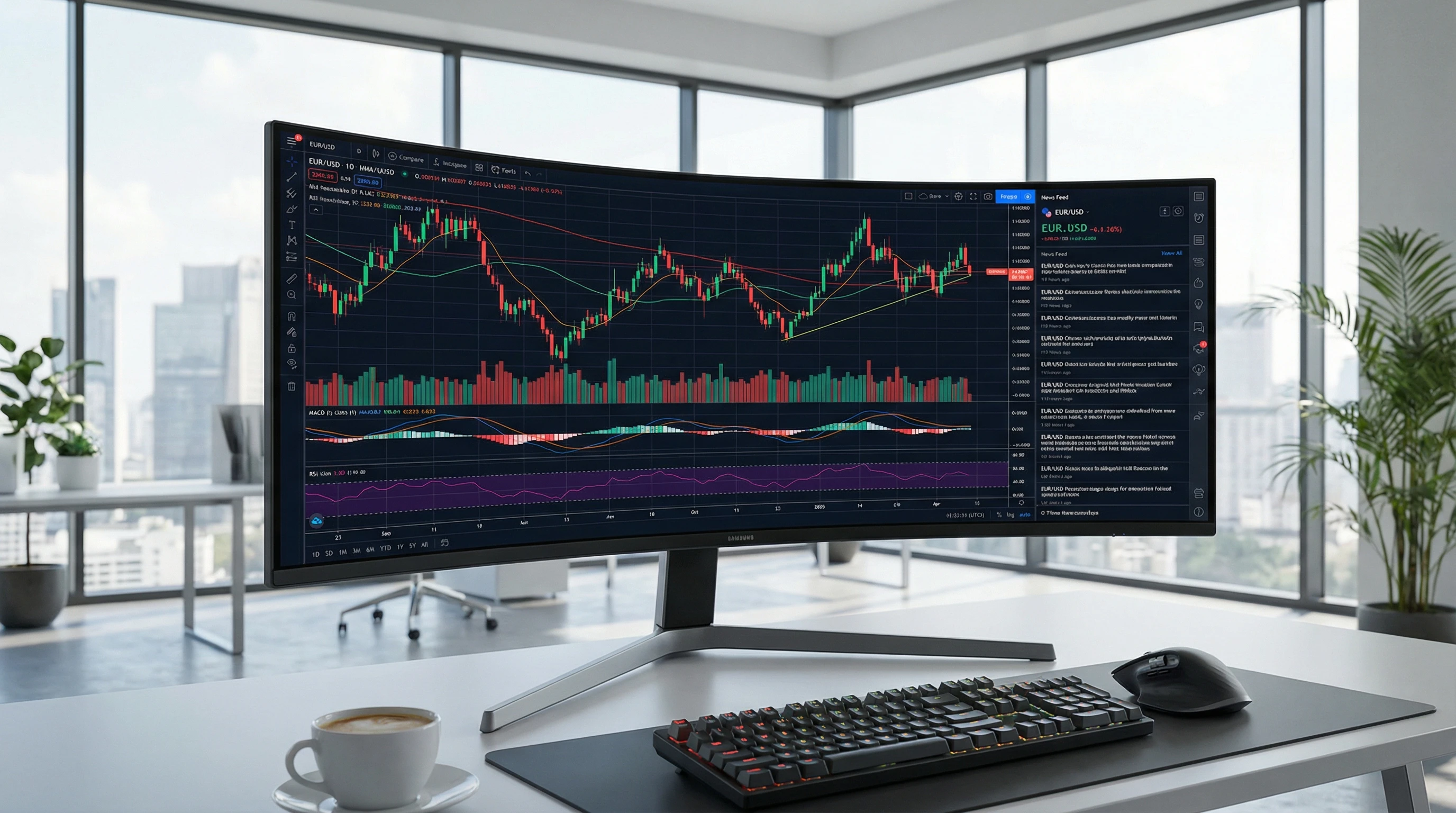 A computer display with forex charts in a modern workspace, showing candlestick patterns and indicators on a vibrant, detailed screen.