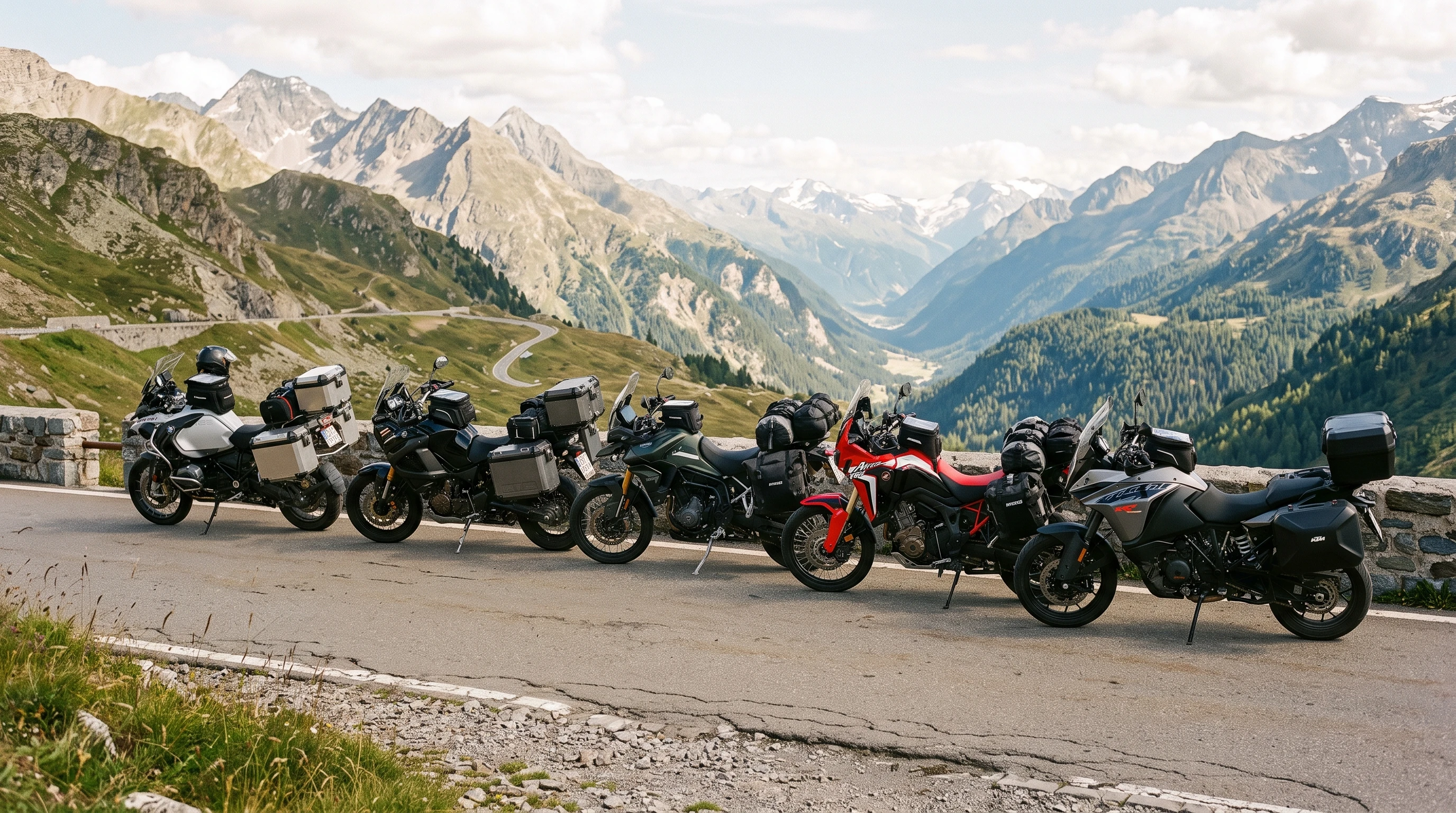 A row of motorcycles with various styles of luggage, including hard saddlebags, soft saddlebags, tail bags, and tank bags, parked near an open country road.