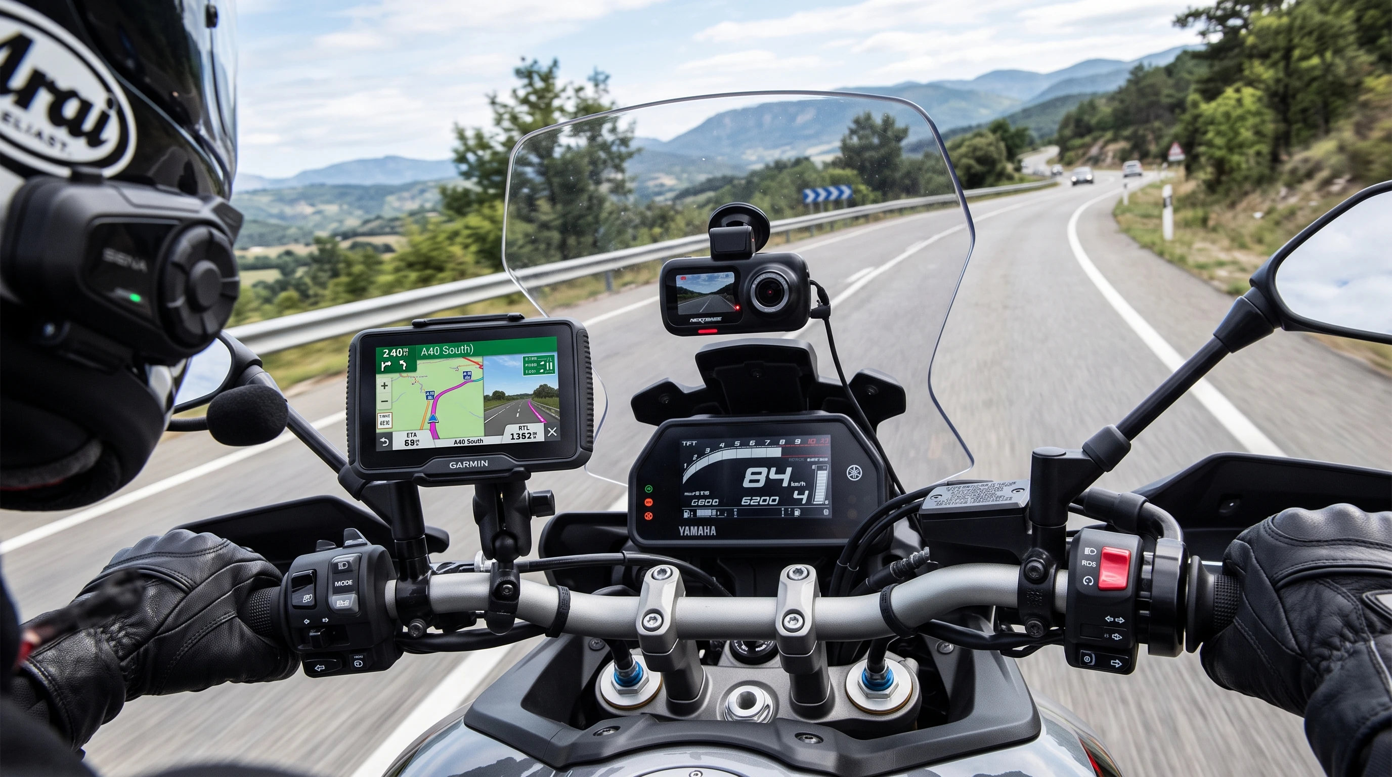 A modern motorcycle dashboard featuring a handlebar-mounted GPS unit, helmet communication headset, and a small dash camera, with an open road in the background.