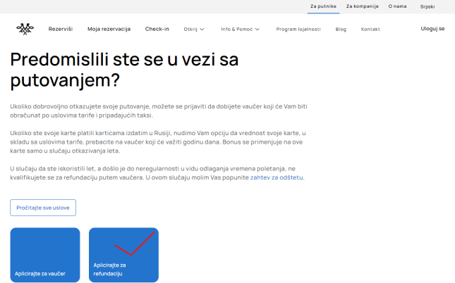Uputstvo za podnošenje zahteva za naknadu štete zbog kašnjenja leta na sajtu avio-prevoznika Air Serbia