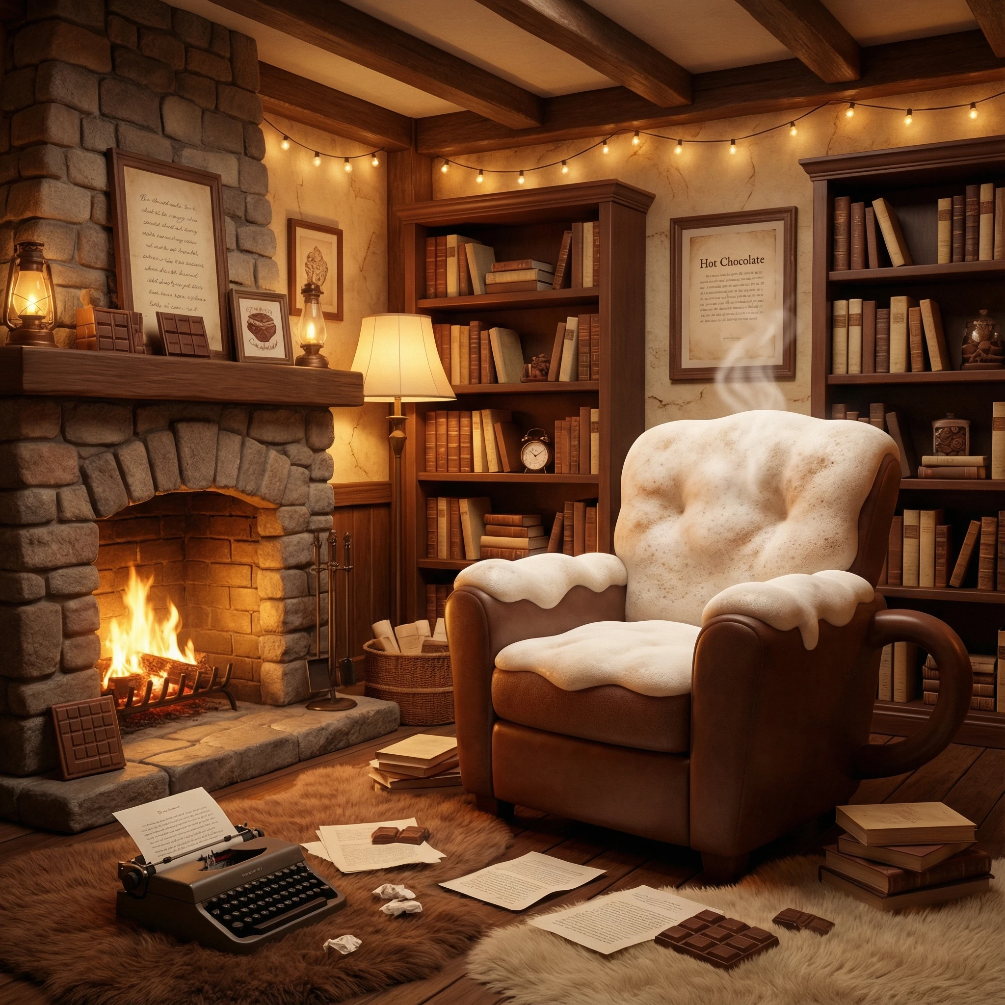 “Design a warm, atmospheric writer’s sanctuary built around a hot-chocolate theme. Marshmallow-soft seating, cocoa-colored shelves lined with books, a steaming mug-shaped writing chair, parchment textures, and amber lighting. Make it realistic, intimate, and creative.”