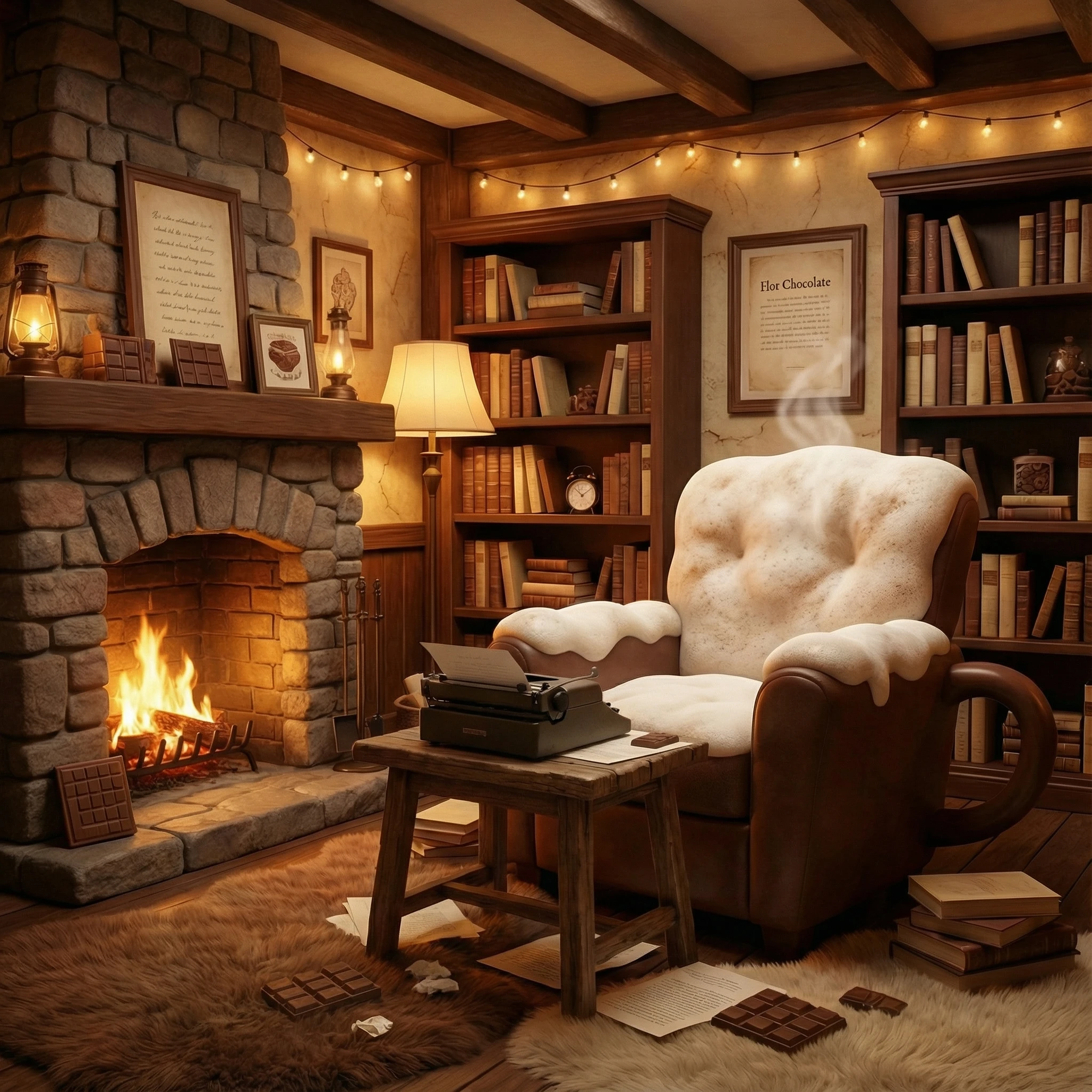 Put the typewriter on a small table that can be used with and in front of the mug chair. Remove the typewriter from the floor.