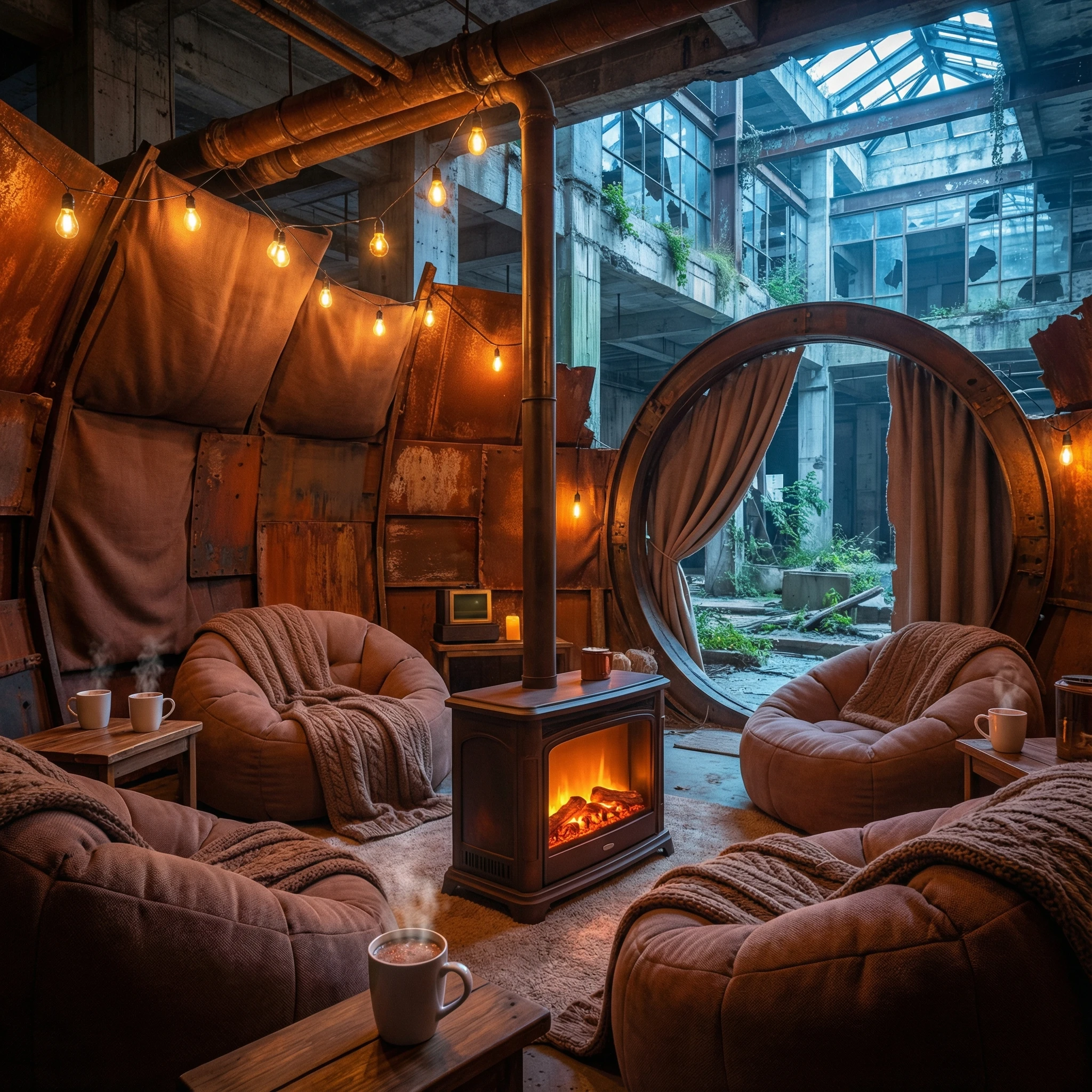 “Create a cozy hot-chocolate themed refuge hidden inside a futuristic or post-collapse structure. Soft cocoa tones, marshmallow seating, warm glowing lights contrasting with cold metal walls beyond a threshold. Blend cozy fantasy with subtle sci-fi edges. Realistic, cinematic, atmospheric.”