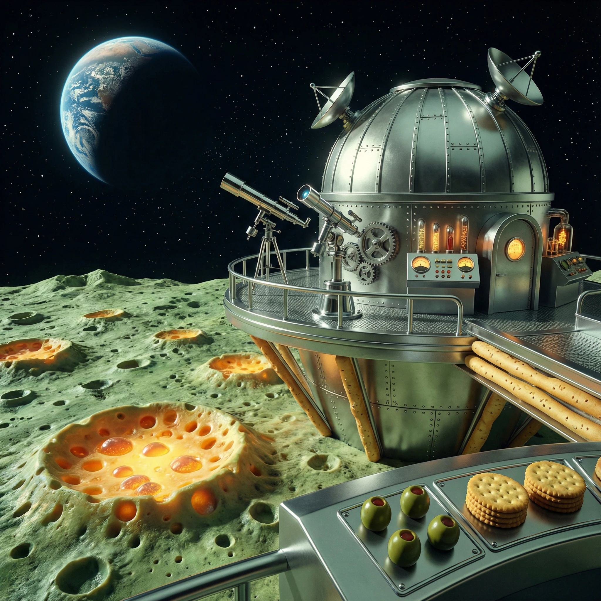 “Retro sci-fi observatory overlooking a green cheese moon surface, chrome equipment, glowing crater textures, realistic lighting, subtle food elements integrated into the architecture.”