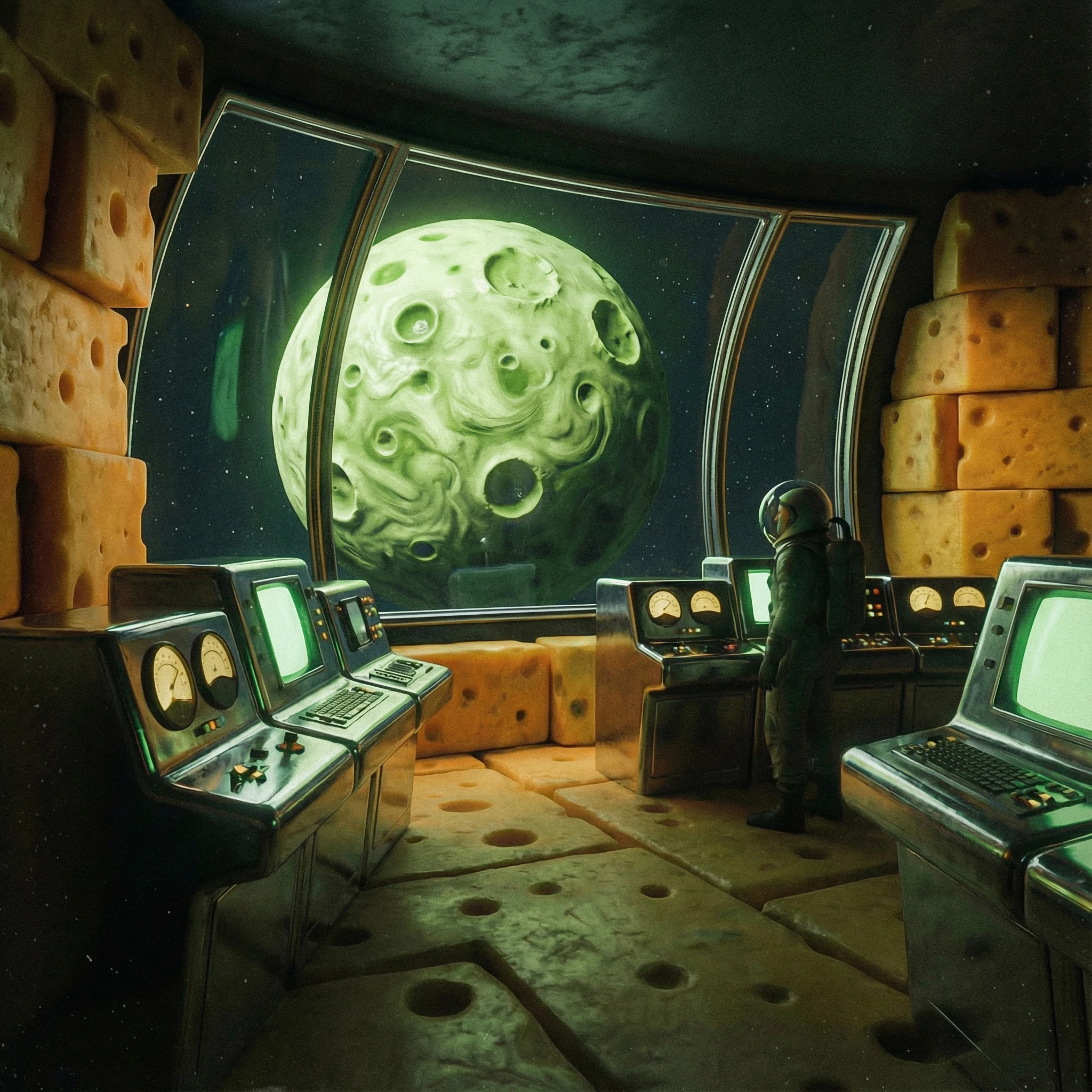 “Brighten the ambient lighting slightly. Increase the glow and detail on the green cheese moon outside the window. Add subtle highlights on the metal consoles to improve clarity. Sharpen the texture of the cheese walls and floor, but keep the overall mood, colors, and composition exactly the same. No changes to character position, window shape, or console layout.”