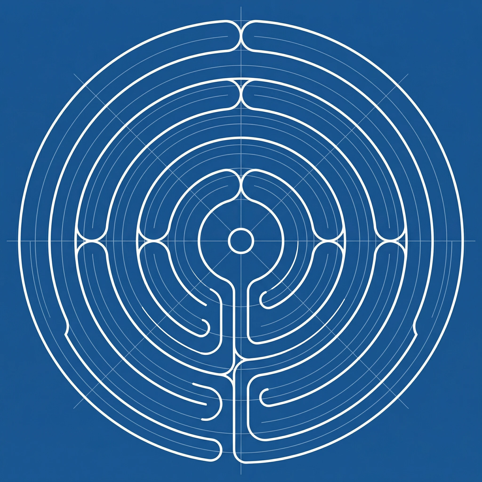 Create a minimalist blueprint-style digital illustration of a circular medieval labyrinth inspired by the Chartres Cathedral pattern.Style requirements:Deep matte blueprint blue background (no gradient).Clean, crisp white vector lines.One single continuous path starting at the outermost edge and winding inward to the exact center.No forks, no branching, no multiple routes.The path should be slightly thicker than the surrounding structural guide lines for clear visual emphasis.Include faint concentric construction guide rings behind the labyrinth (very subtle, thin lines).Include faint radial alignment lines (like architectural drafting marks), but keep them secondary and subtle.No glow effects.No shadows.No texture.No stone or aged look.No 3D perspective.Flat, top-down, perfectly centered composition.Symmetrical and mathematically clean.The center should be clearly defined but minimal — a small clean circle.Mood: precise, architectural, intentional, structured clarity.The final image should look like a modern architectural blueprint of a labyrinth, not a historical photograph.slightly reduce the opacity of the construction grid 5–10% so the path dominates even more.